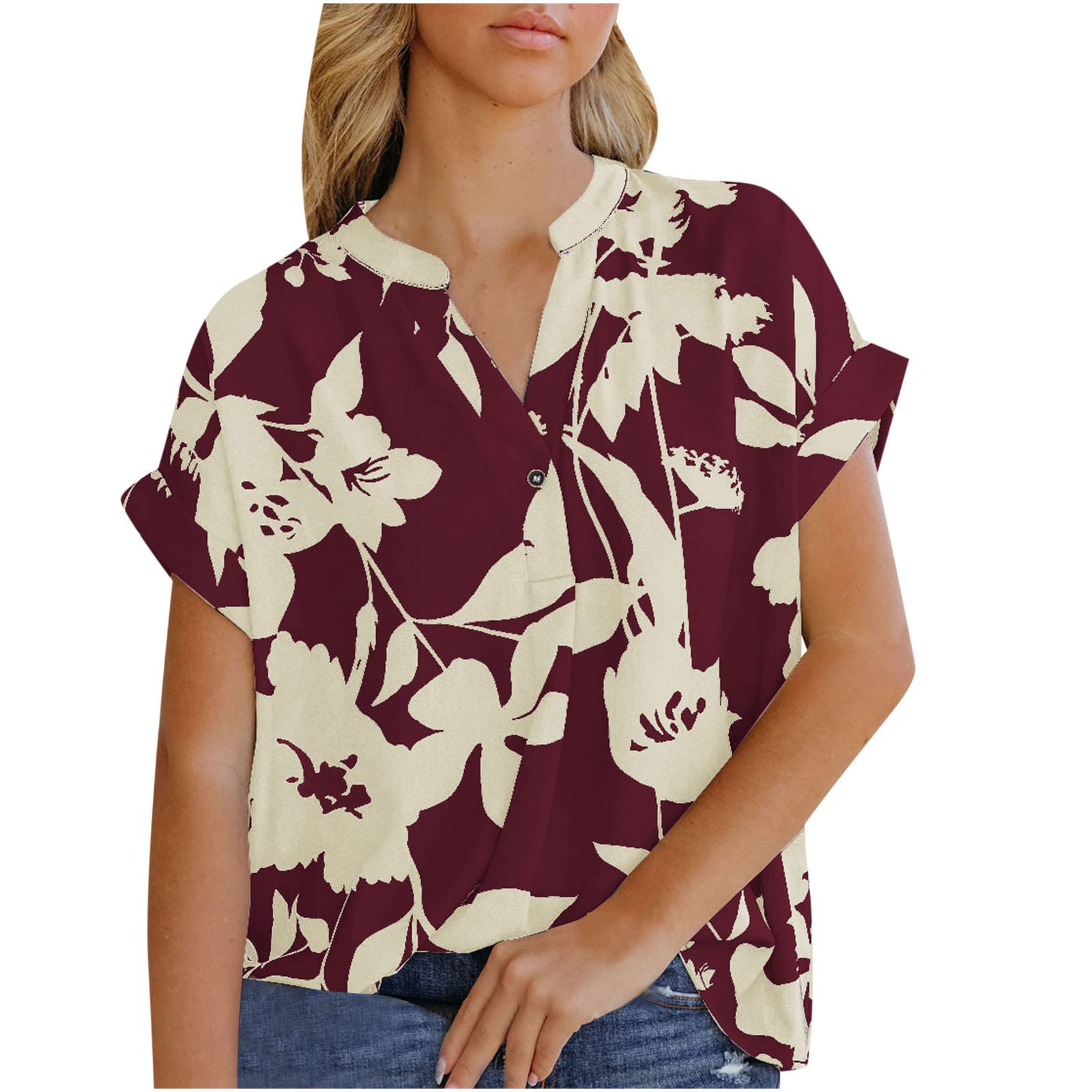 Women's Floral Print Chiffon Blouse - V Neck Short Sleeve Button Down Top, Lightweight Loose Fit Casual Shirt for Summer | Perfect for Office, Date Night & Vacation Outfits
