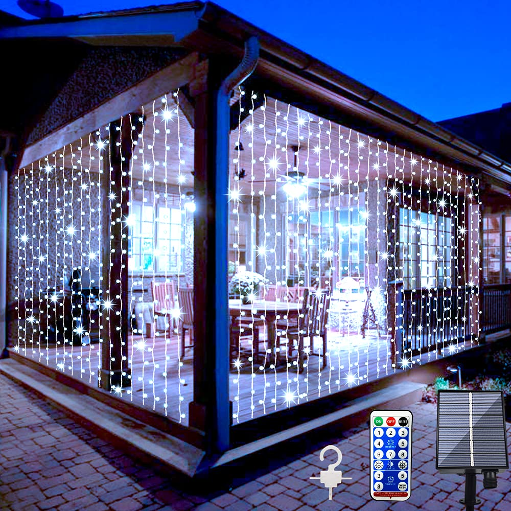 300 LED Solar Fairy String Lights Outdoor - Waterproof Remote Control 8 Modes Solar Powered Curtain Lights for Garden, Patio, Gazebo, Wedding, Christmas Decor | Perfect for Backyard, Party, Wall & Festival Decorations (White)