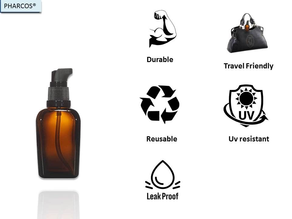 Pharcos 10-Pack 30ml Square Amber Glass Bottles with Black Cream Lotion Pump - Refillable Travel Containers for Face Cream, Makeup, Toner, Cleanser & Toiletries | Perfect for Home, Salon & On-the-Go Skincare