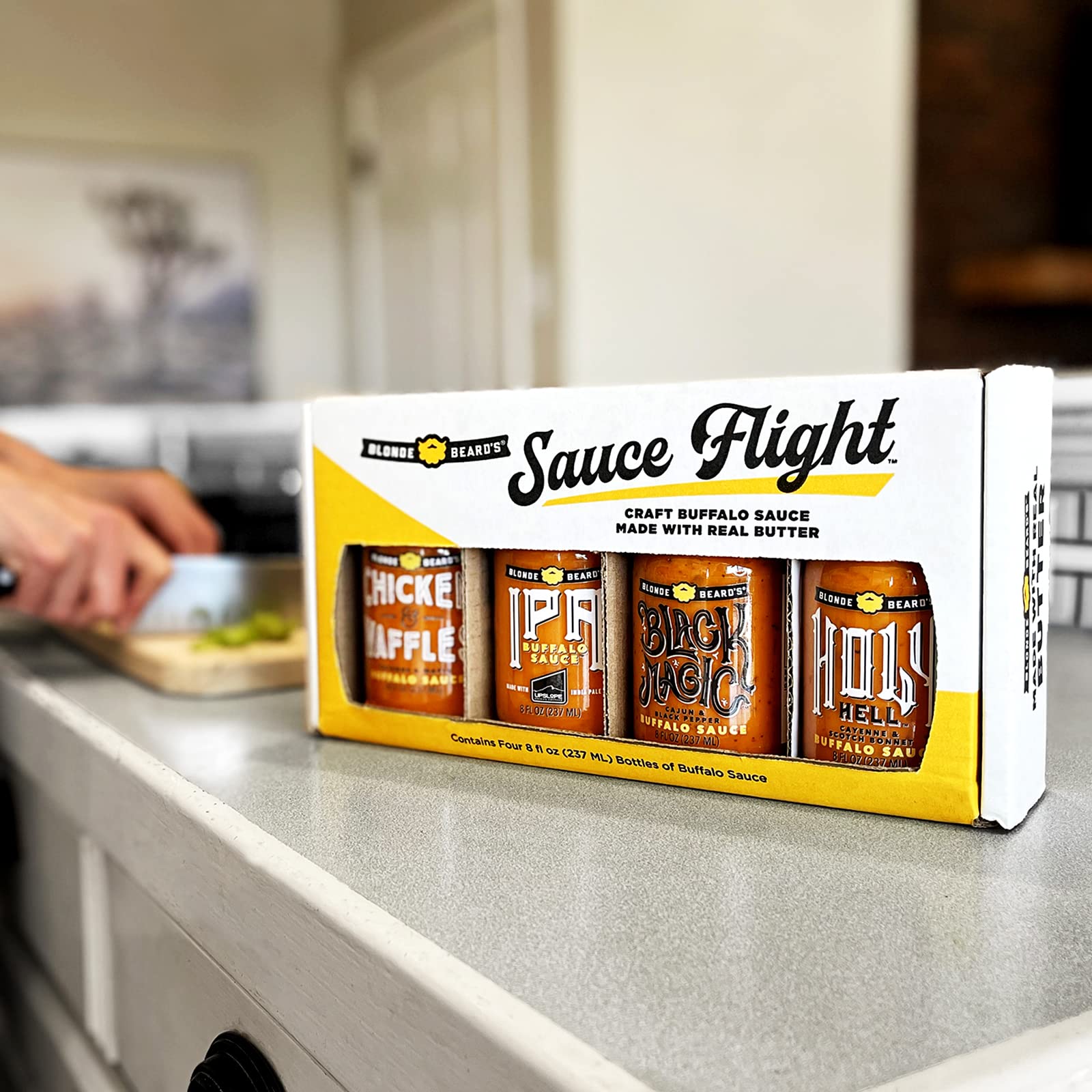 Blonde Beard's Buffalo Sauce Variety 4-Pack - Wing Sauce Gift Set with Chicken & Waffles, IPA Buffalo, Black Magic & Holy Hell (Mild to Extra Hot) - Perfect for Chicken Wings, Burgers, Pizza & Dips (4 x 8 fl oz Bottles) - Premium Hot Sauce Collection for BBQ, Parties & Gifts