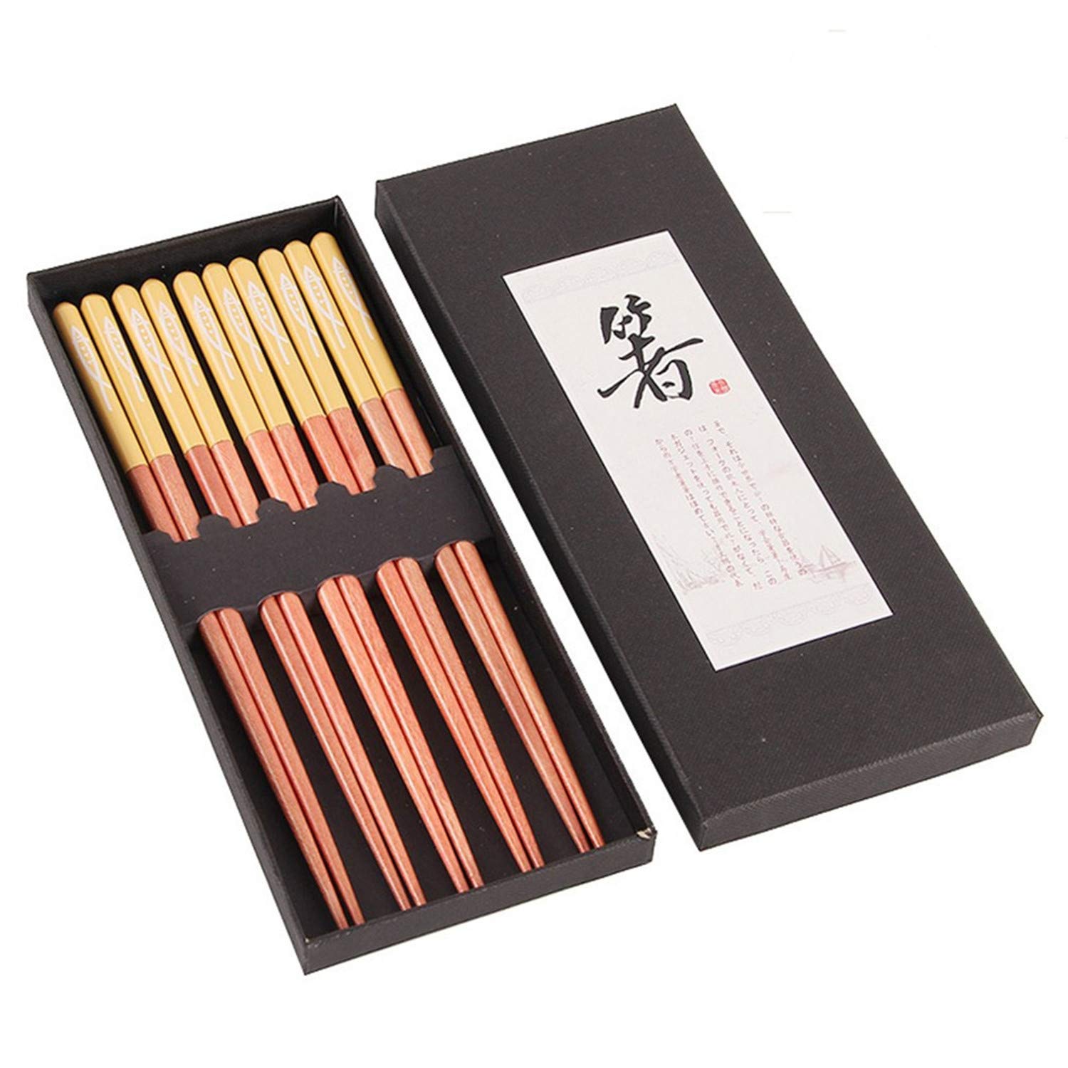 5 Pairs Traditional Japanese Wooden Chopsticks - 9 Inch Fish Pattern Reusable Non-Slip Chopsticks Set | Dishwasher Safe | Perfect for Sushi, Asian Cuisine & Home Dining