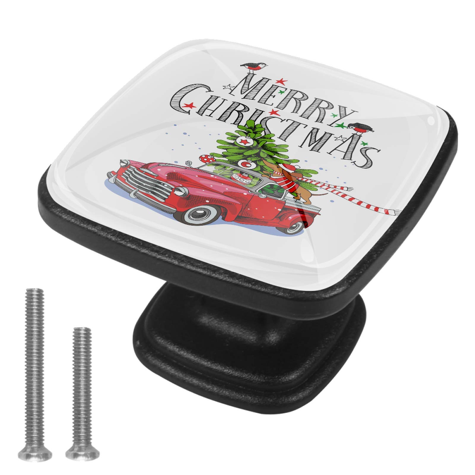 Christmas Red Truck & Dachshund Dog Cabinet Knobs - 4 Pack Decorative Drawer Pulls for Kitchen, Dresser, Cupboard, Wardrobe, Bathroom & Office - Perfect for Holiday Home Decor & DIY Furniture Upgrades