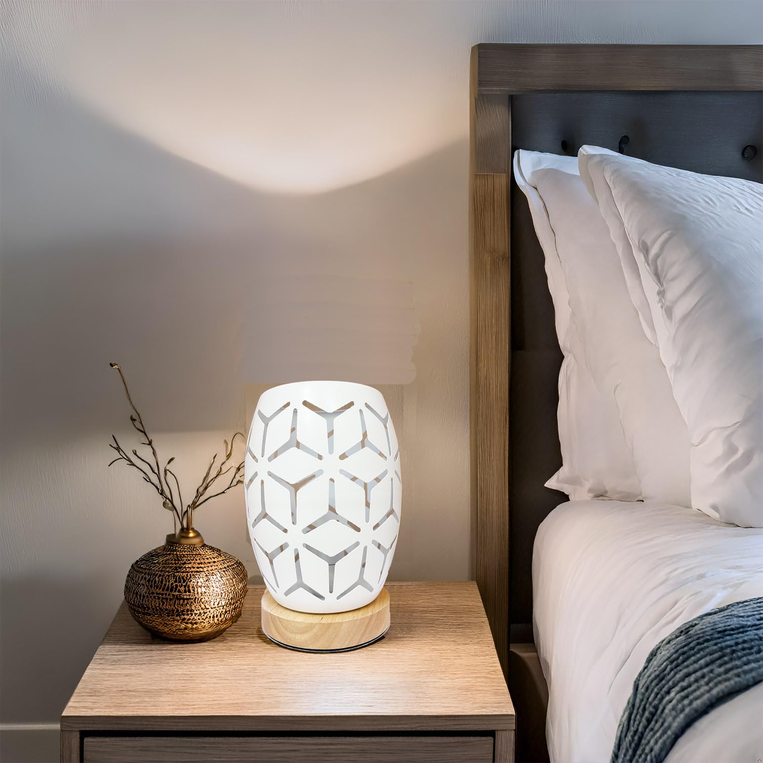 AFORTLO Boho Table Lamp - Small Wood Base with Hollow-Carved Metal Cage, Decorative Night Light for Bedroom, Living Room, Office & Nightstand - Includes Bulb (Rhombus Shape) | Perfect for Reading Nooks, Romantic Ambience & Home Office Lighting
