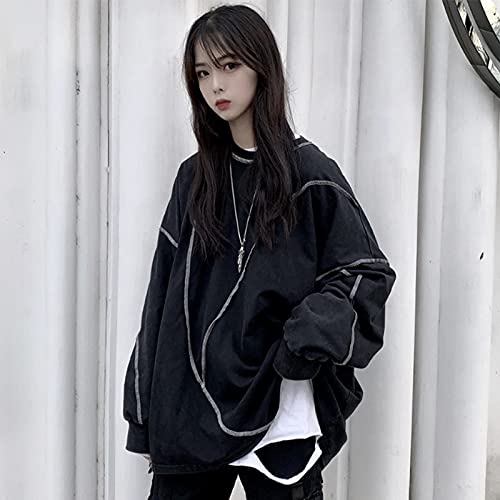 Gothic Long Sleeve Sweatshirt for Women - Oversized Loose Fit Dark Black Pullover Top for Spring and Autumn | Casual Streetwear, Layering Essential, Gothic Fashion Outfits