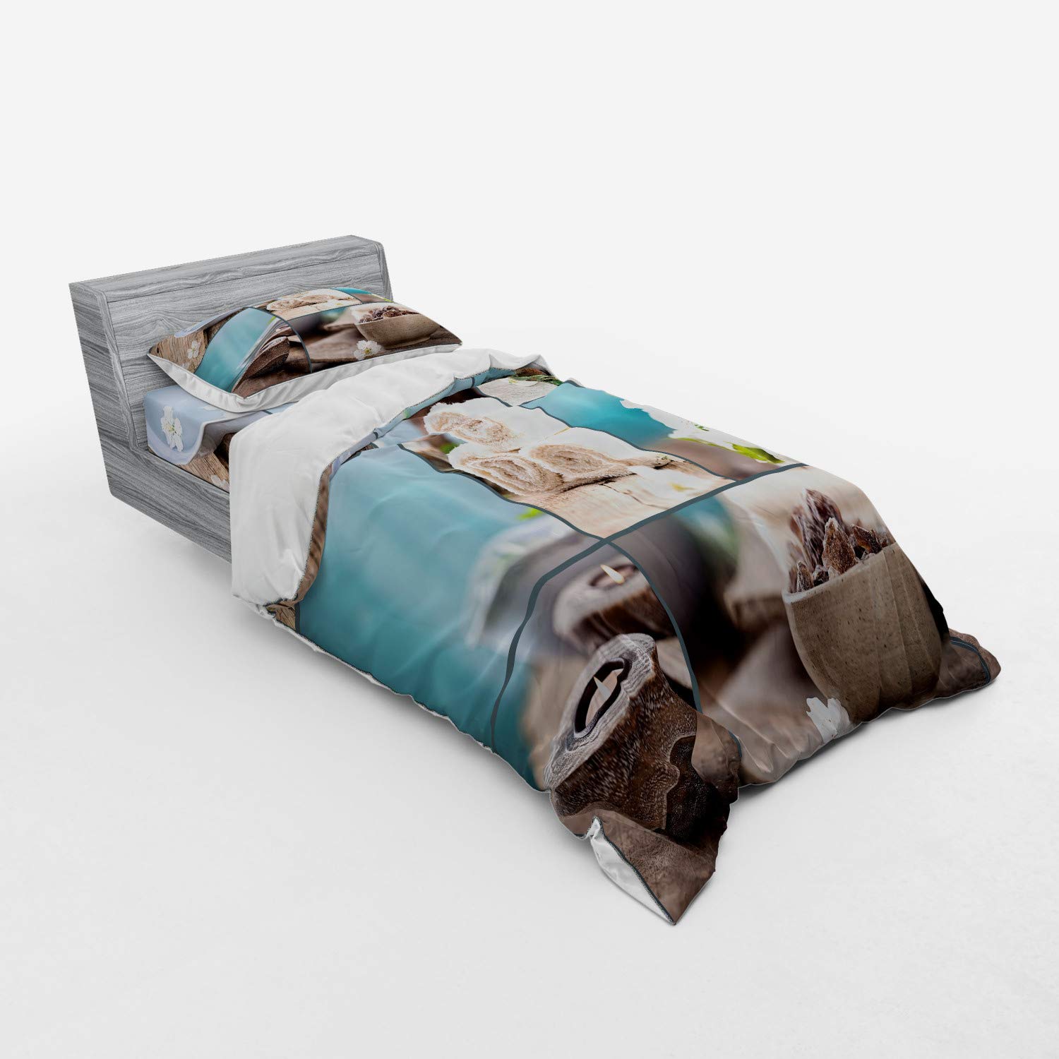 Ambesonne Spa Duvet Cover Set 3-Piece - Far East Massage Theme with Oils, Candles & Flowers Print - Twin Size Blue & White Bedding Set with Sham & Fitted Sheet - Perfect for Relaxing Spa Nights & Asian-Inspired Home Decor