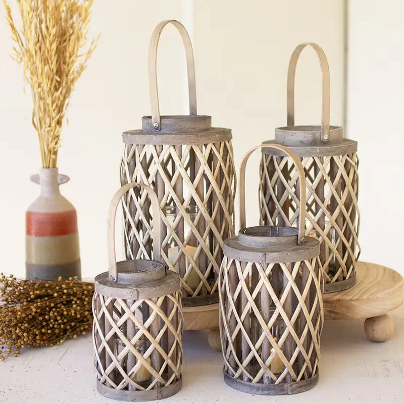 Grey Willow Cylinder Lanterns with Glass Set - Rustic Outdoor & Indoor Decorative Lighting for Patio, Garden, Wedding, and Home Decor