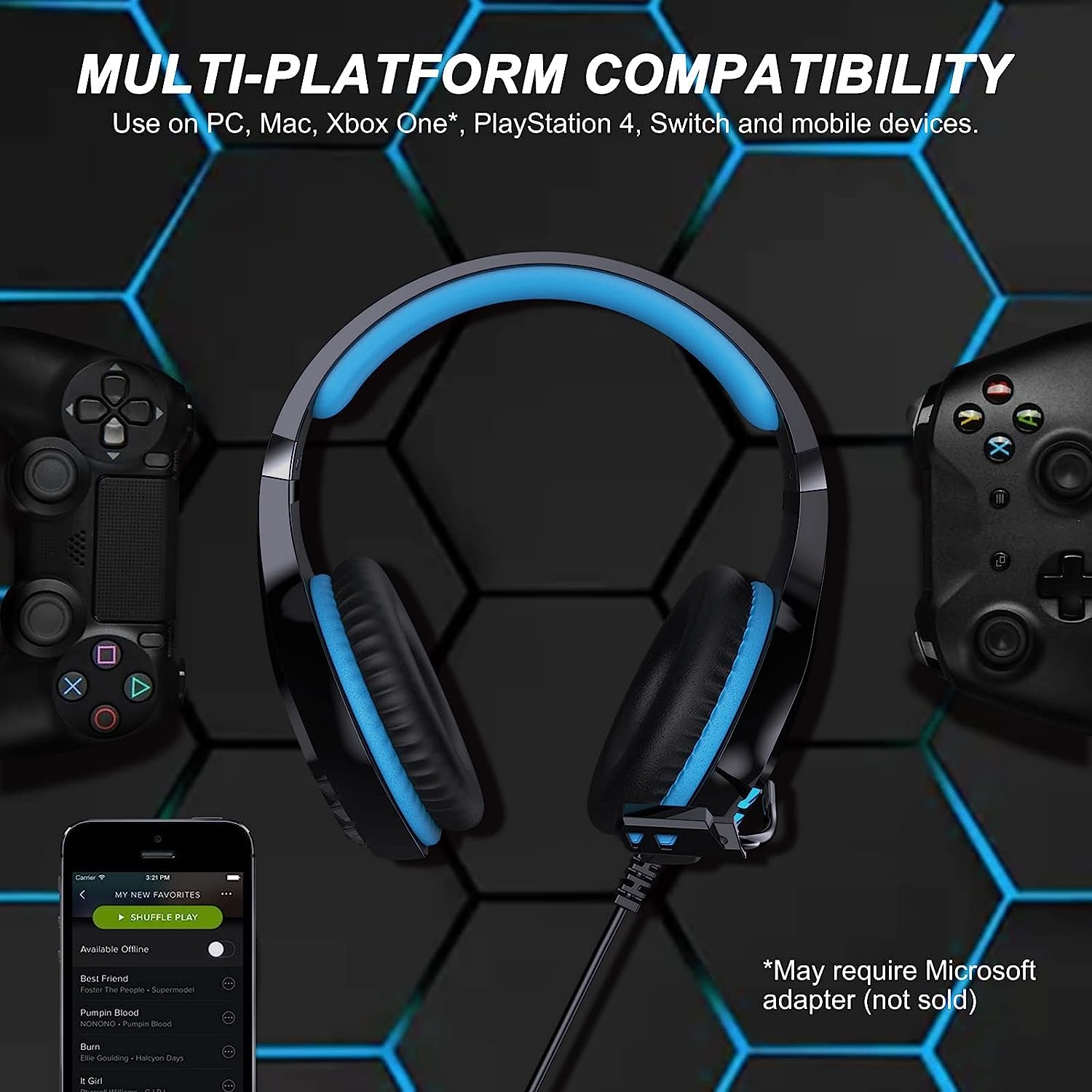 NPET HS10 Stereo Gaming Headset - 2 Pack Noise Cancelling Over-Ear Headphones with Mic for PS5, PS4, Xbox One & PC | LED Lights, Bass Surround, Soft Memory Earmuffs (Blue) - Perfect for Gaming, Streaming & Online Classes