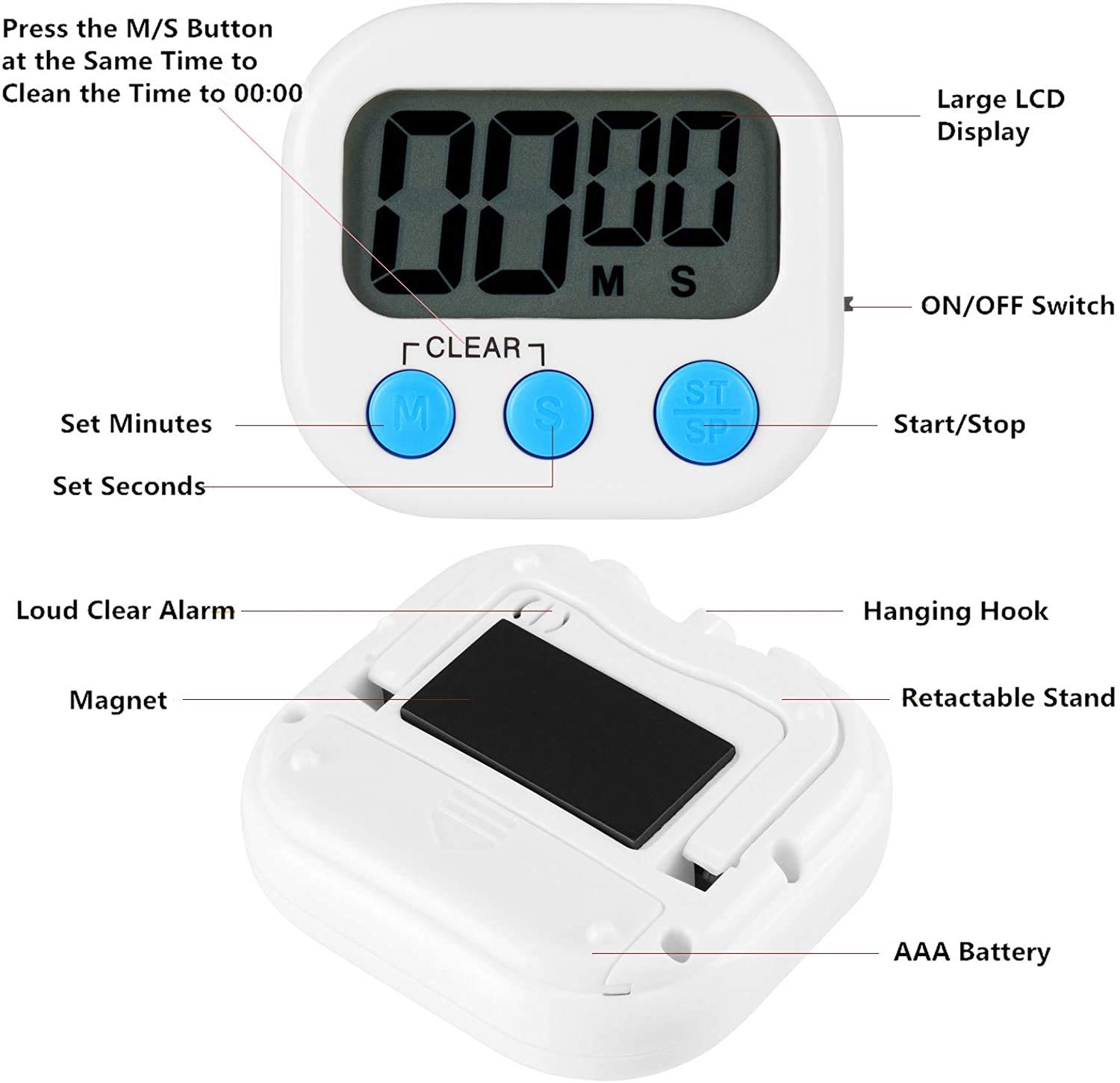 4-Pack Digital Kitchen Timer with Loud Alarm - Magnetic Count Up/Down Timer for Cooking, Baking, Homework & Exercise - Perfect for Teachers, Kids & Classroom Use
