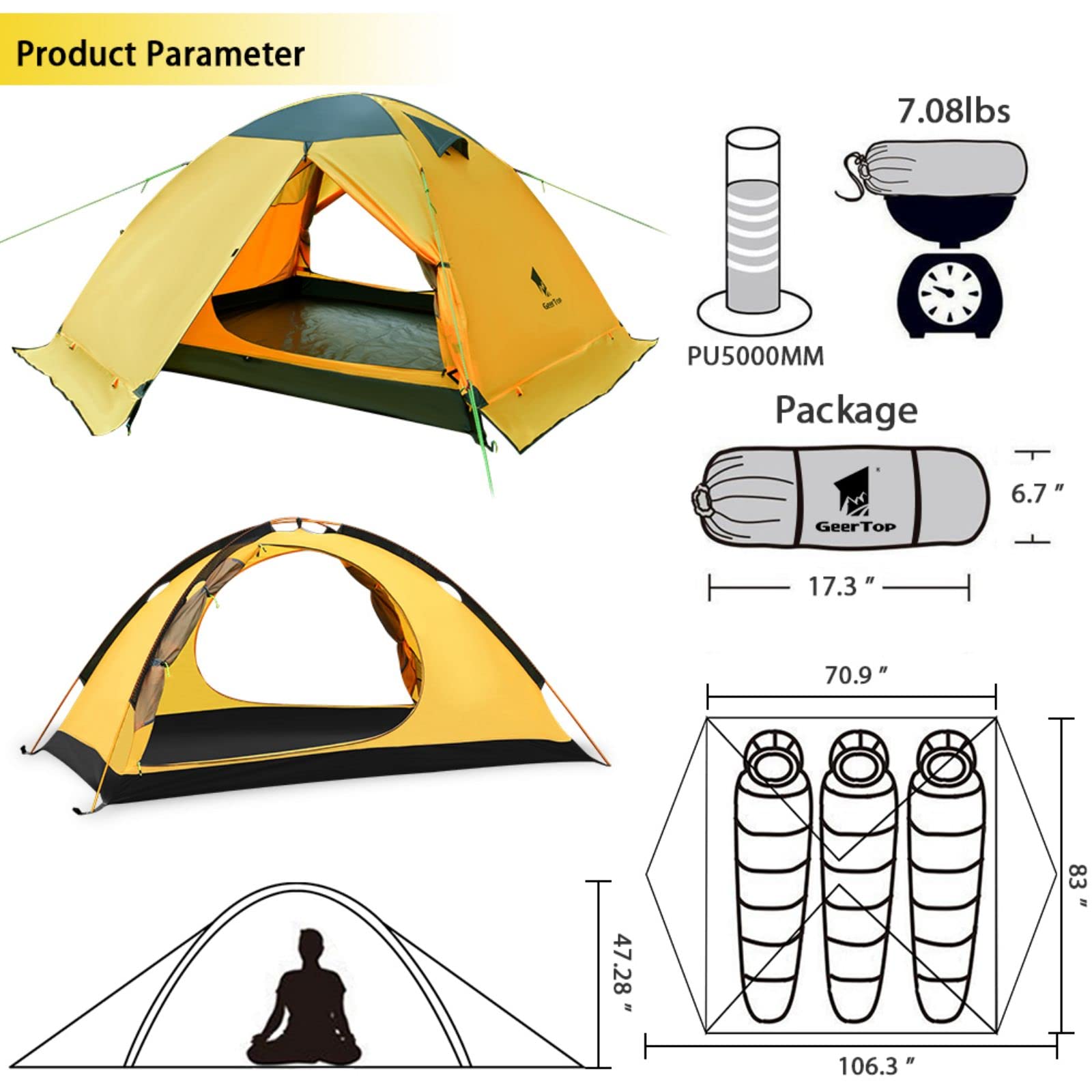 GEERTOP Ultralight 2 Person Backpacking Tent - 4 Season Waterproof Camping Tent with Double Layer for Cold Weather - Easy Setup for Family Camping, Hiking, Hunting & Outdoor Adventures - Perfect for Mountain Climbing and Travel Expeditions