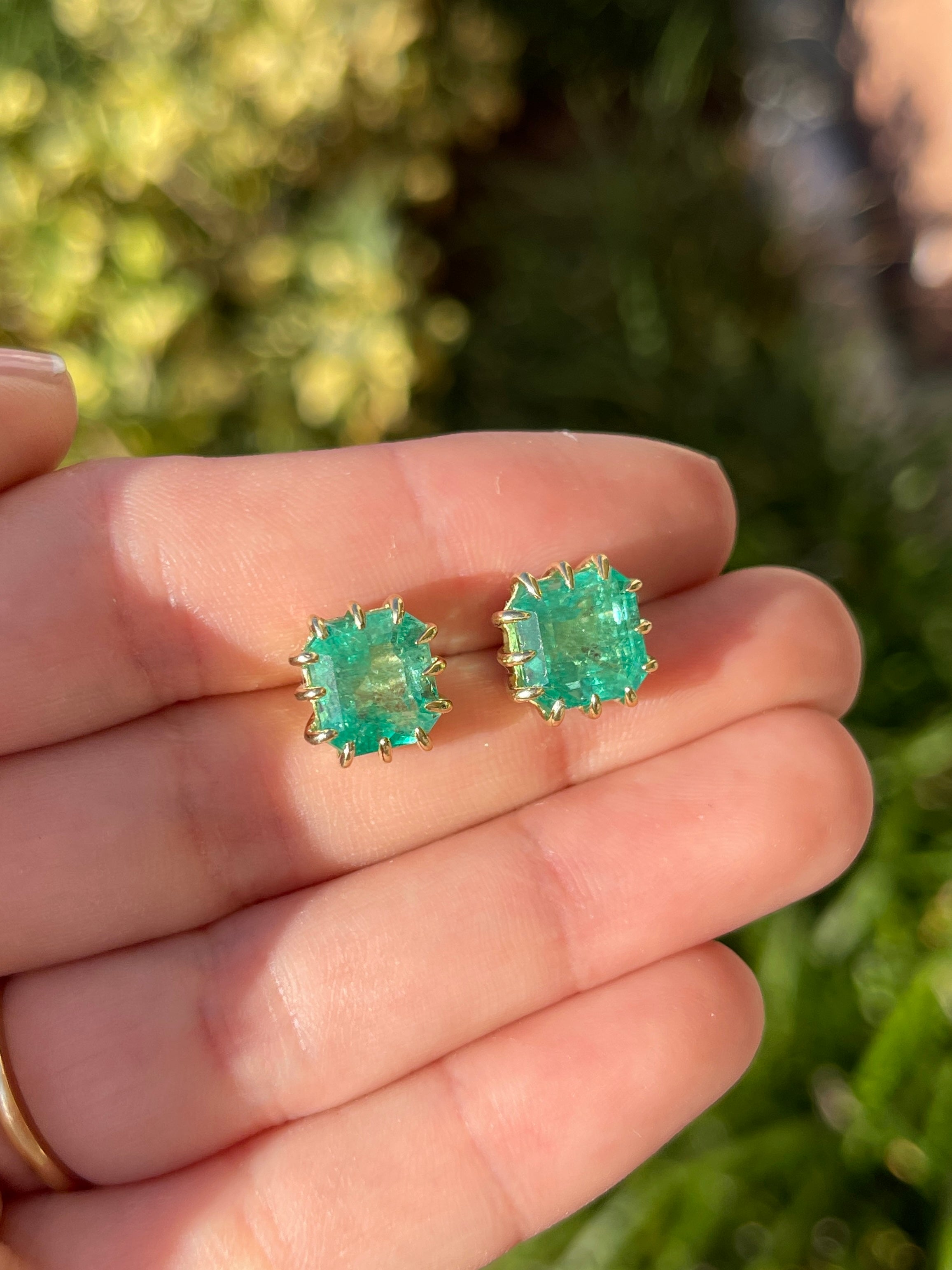 8.56tcw Colombian Emerald Multi Prong 18K Gold Statement Stud Earrings - Perfect for Weddings, Parties & Special Occasions