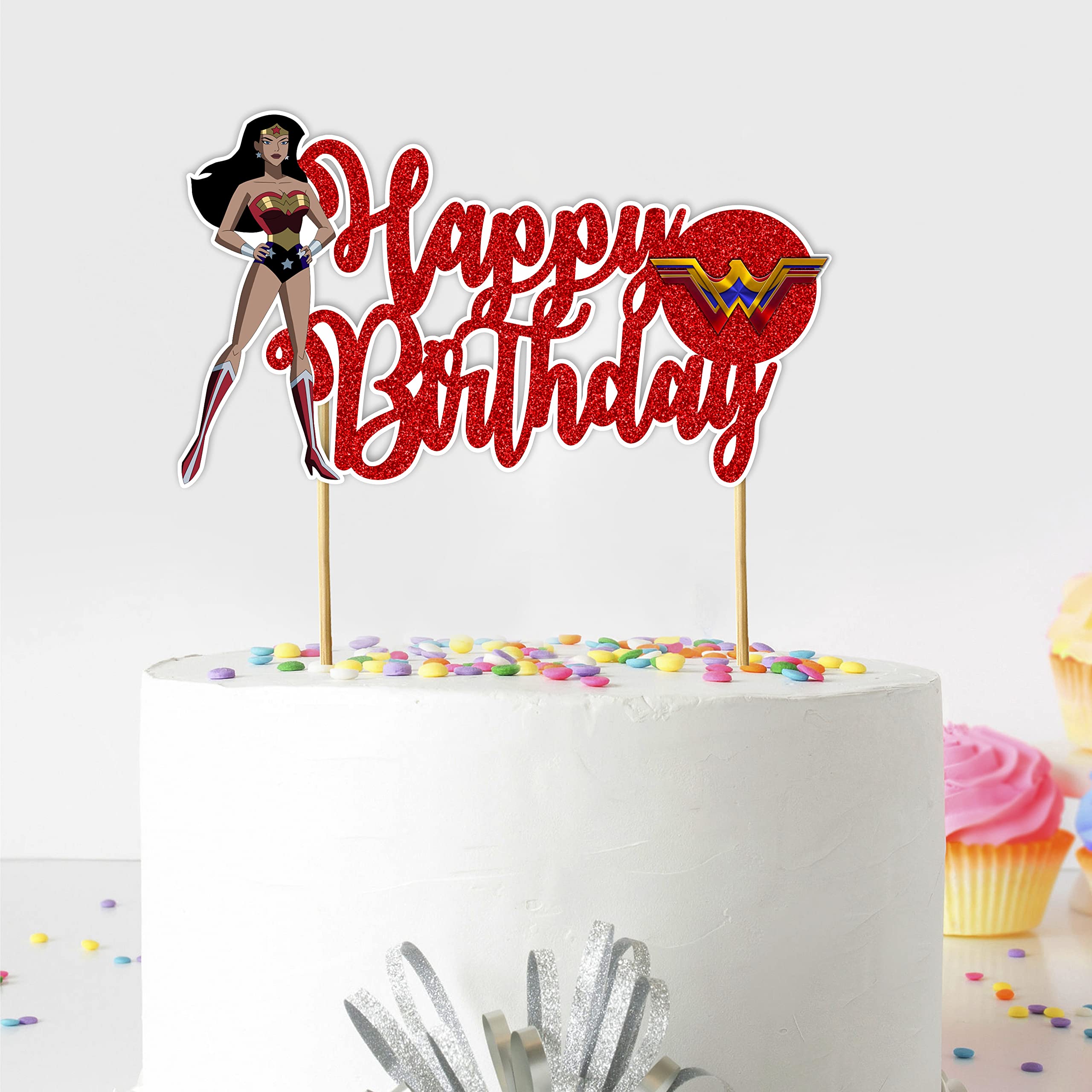 Wonder Woman Happy Birthday Cake Topper - Superhero Birthday Party Decorations for Women & Girls - Perfect for Birthday Cakes, Cupcakes, and Dessert Tables