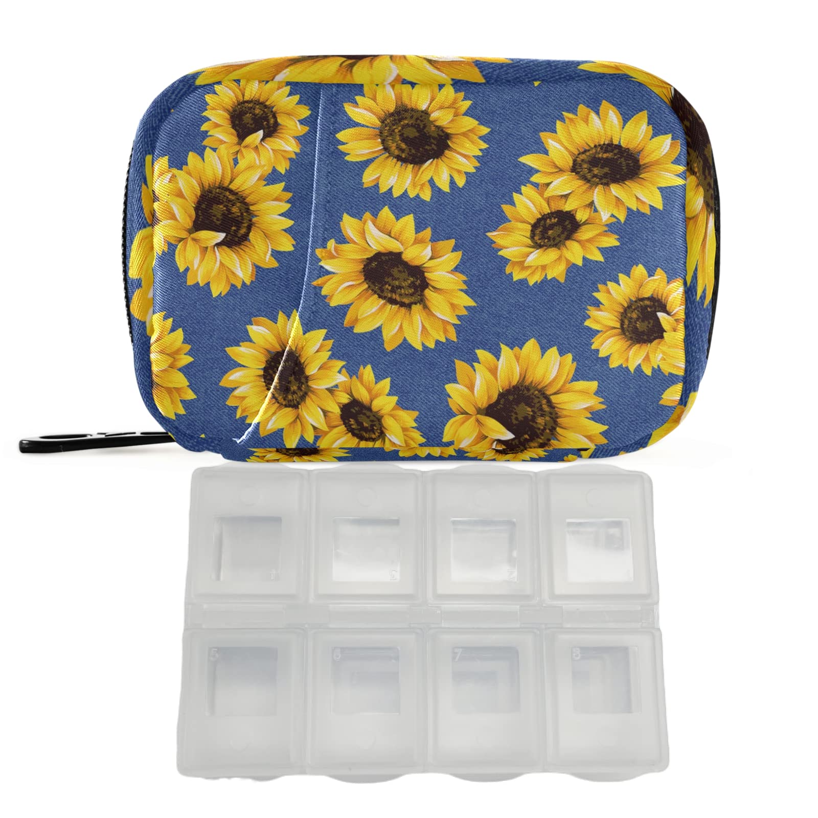 Yellow Sunflower 7-Day Pill Organizer with Zipper Pouch - Large Capacity Medicine Case for Travel, Daily Use & Vitamin Storage | Portable Pill Box for Women, Men & Seniors