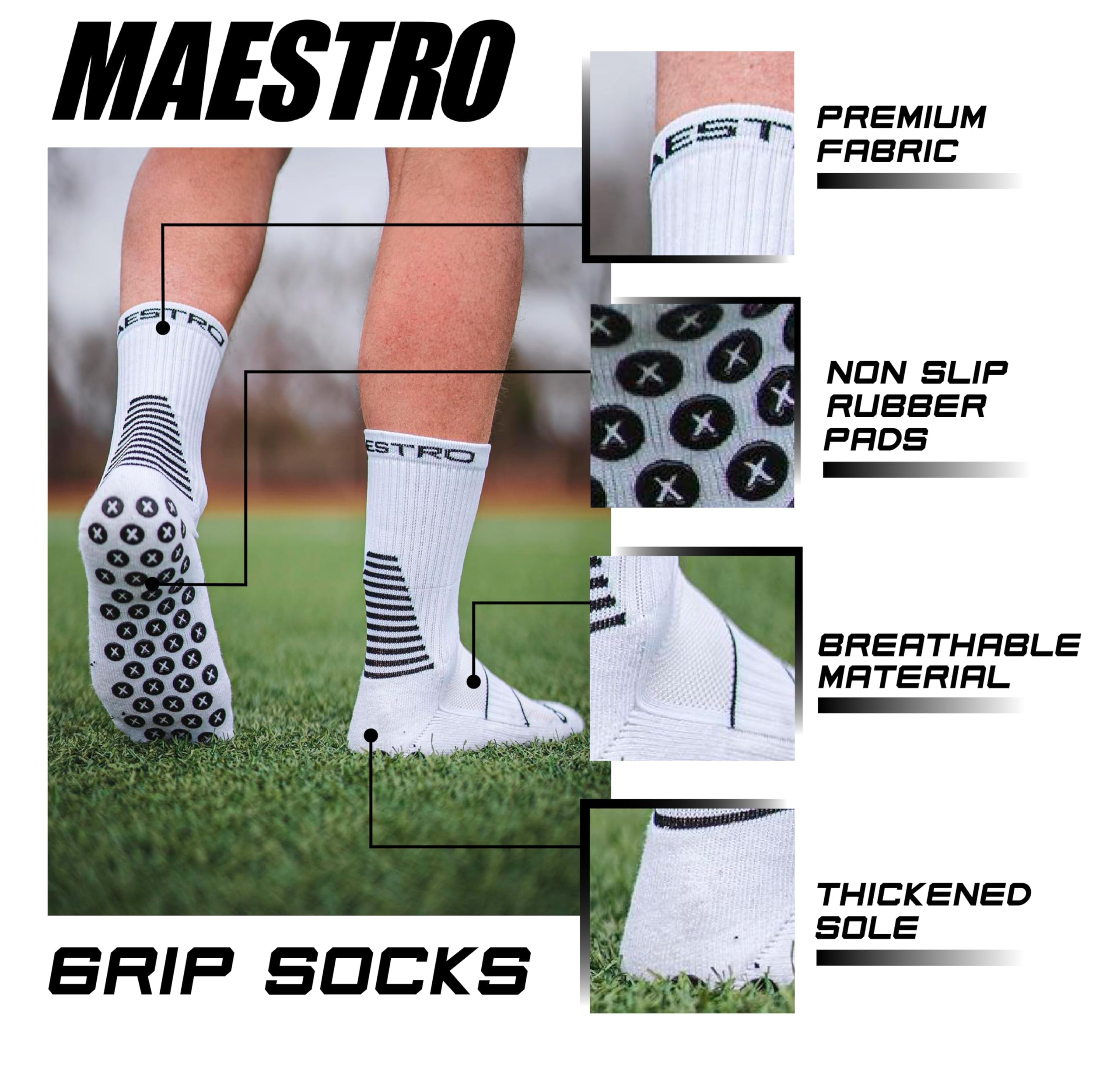 Maestro Grip Socks - Non-Slip Athletic Socks for Men & Women - Perfect for Soccer, Football, Basketball & Hockey - Stay Stable During Sports & Workouts