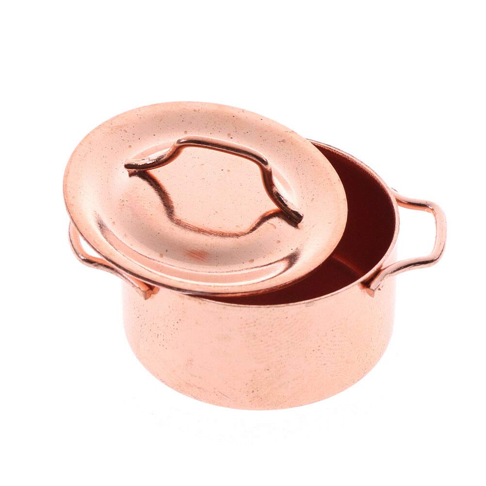 1/12 Scale Miniature Copper Soup Pot with Lid - Tiny Dollhouse Kitchen Accessory for Mini Cooking & Display Scenes