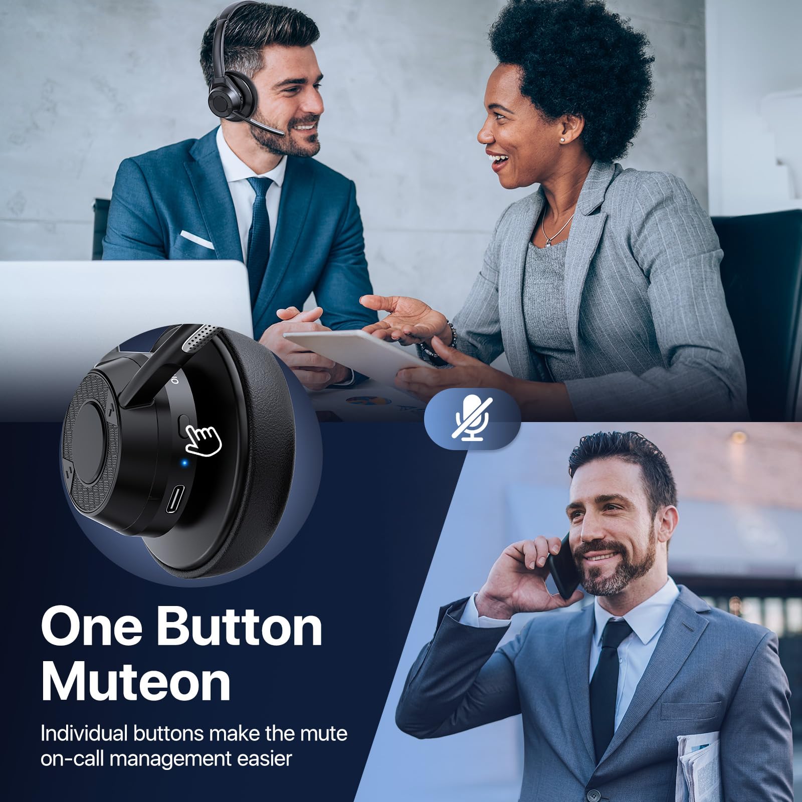 Wireless Bluetooth 5.4 Headphones with Microphone - Noise Cancelling Over-Ear Headset with Multipoint Connectivity for Office, Call Center, Zoom Meetings & Remote Work (Black) - Perfect for Business Professionals & Home Office Use