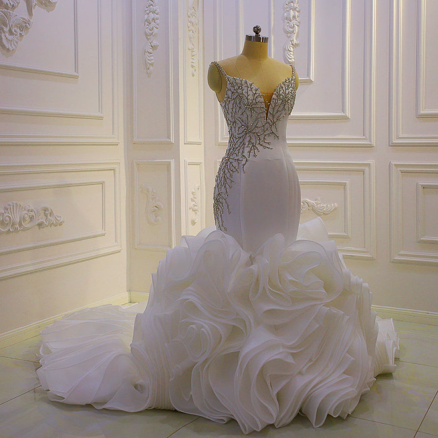 Elegant AM1022 Spaghetti Strap Crystal Ruffle Mermaid Wedding Dress for Bride - Perfect for Beach, Church, and Formal Wedding Ceremonies