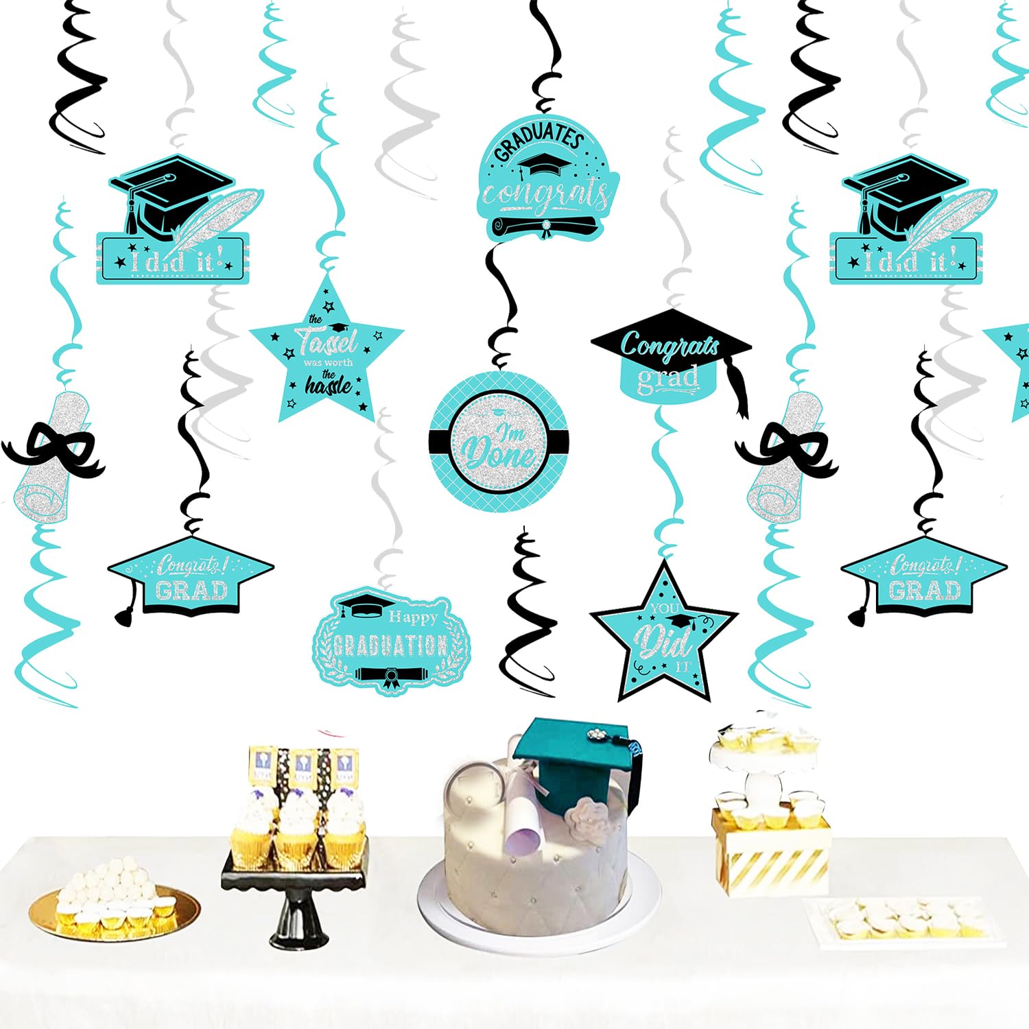 2025 Teal & Silver Graduation Party Decorations Set - 15pcs Hanging Swirls for Class of 2025 | Turquoise, Black & Silver Graduation Decor | Perfect for Graduation Ceremonies, Parties & Photo Backdrops