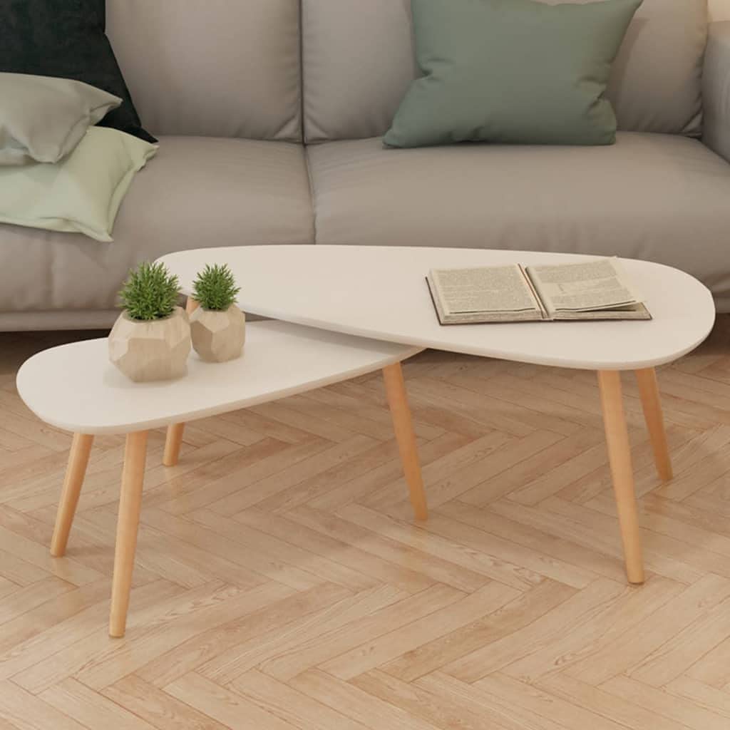 vidaXL 2-Piece Nesting Coffee Table Set with Solid Pine Wood Legs - Scandinavian Style White Side Tables for Living Room, Bedroom & Office