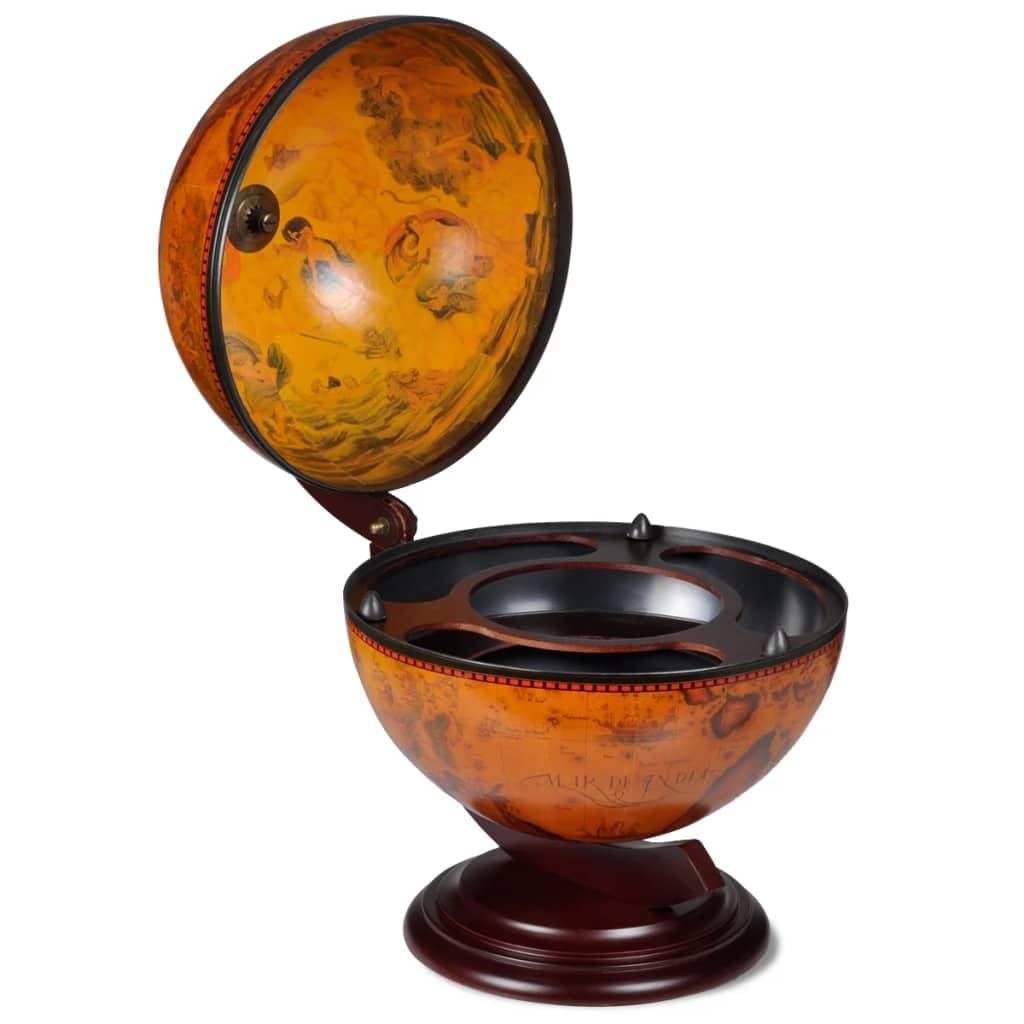 vidaXL Rotatable Eucalyptus Wood Wine Stand - 16th Century Nautical Map Tabletop Globe Bar with Antique Frescoes - Farmhouse Style Home Office Decor for Wine Storage & Display