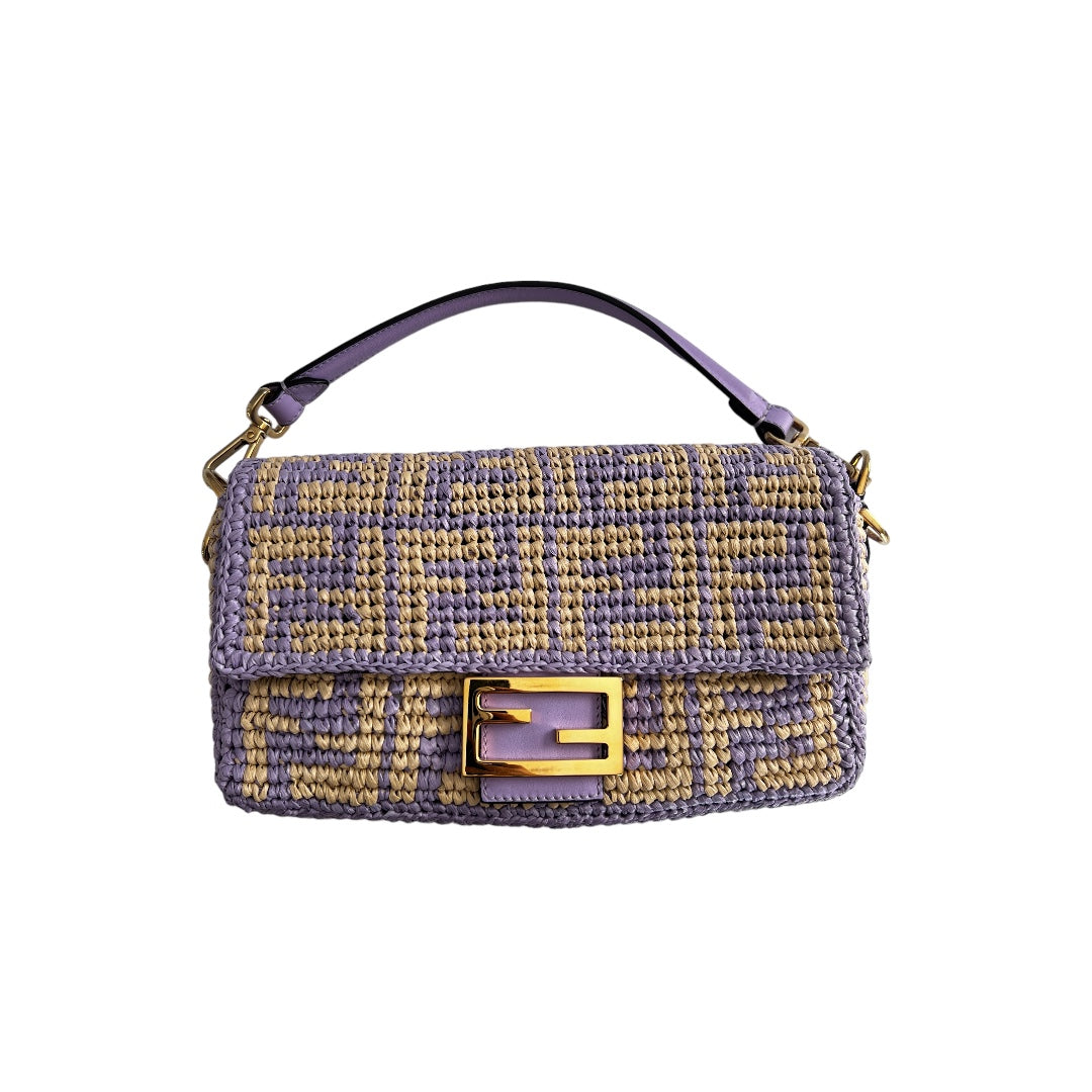Fendi Violet Raffia Woven Baguette Bag - Stylish Crossbody Purse for Women, Perfect for Summer Outings, Beach Trips, and Casual Events