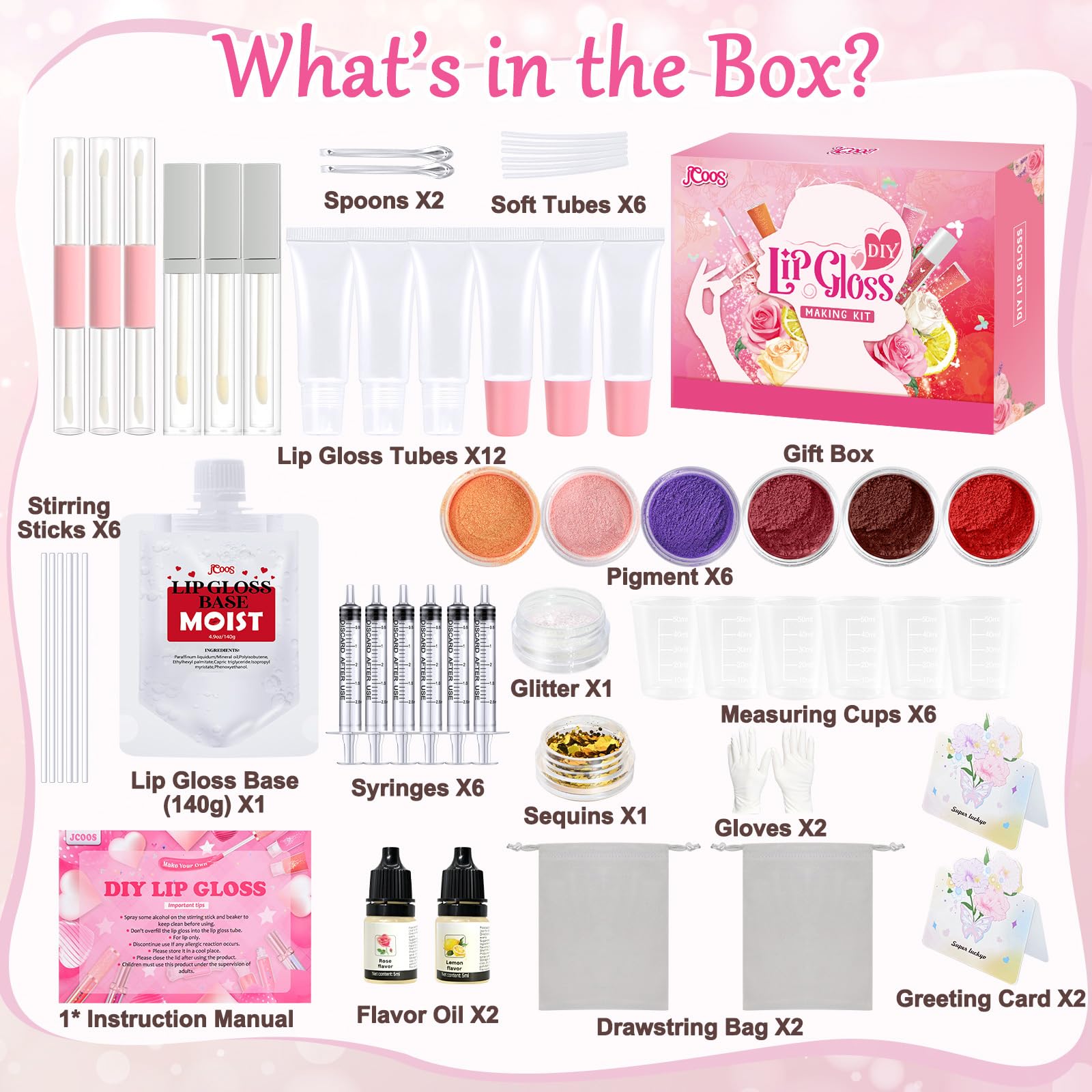 JCOOS DIY Lip Gloss Making Kit for Women & Teens - Includes Lip Oil, Moisturizing Base, Pigments & Tubes - Perfect for Beginners, Unique Gifts & Creative Beauty Projects - Great for Birthday Parties, Spa Days & Self-Care Activities