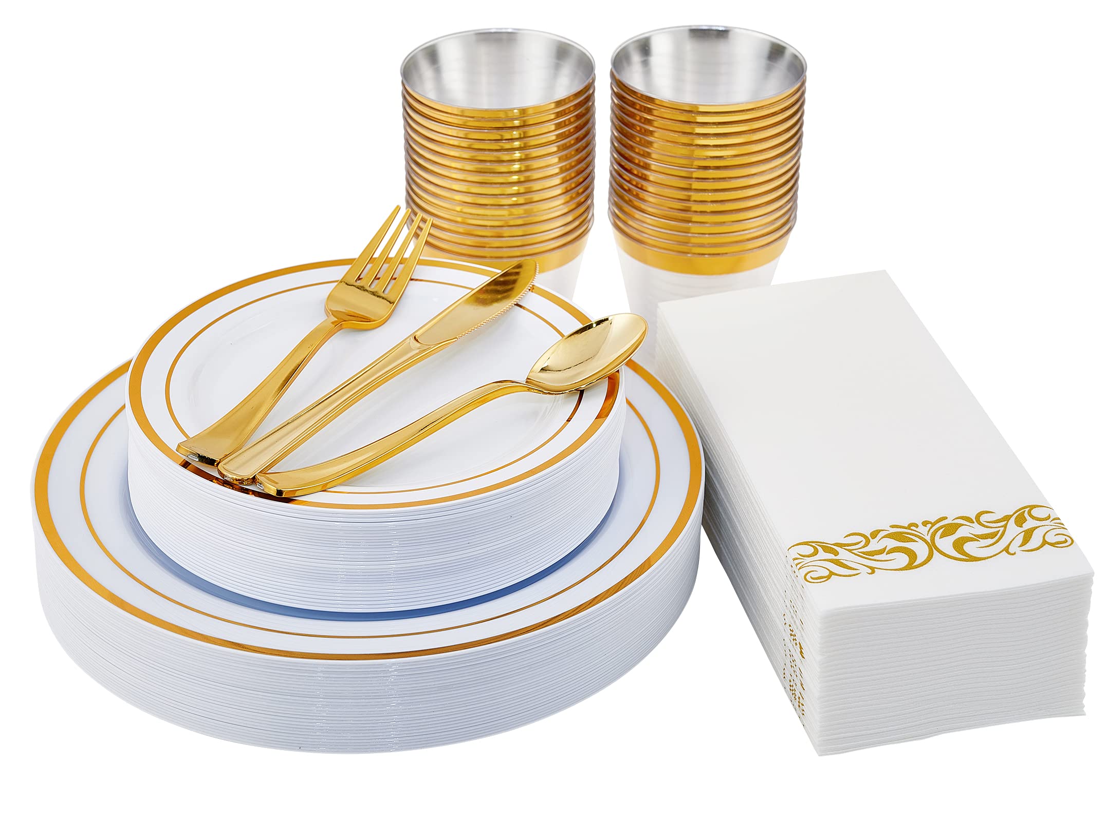 210-Piece Gold Disposable Dinnerware Set - 30 Gold Rim Plastic Plates, 30 Gold Plastic Silverware, 30 Plastic Cups & 30 Linen Paper Napkins - Elegant Party Supplies for Graduation, Birthday & Cocktail Parties - Perfect for Weddings, Baby Showers & Holiday Gatherings