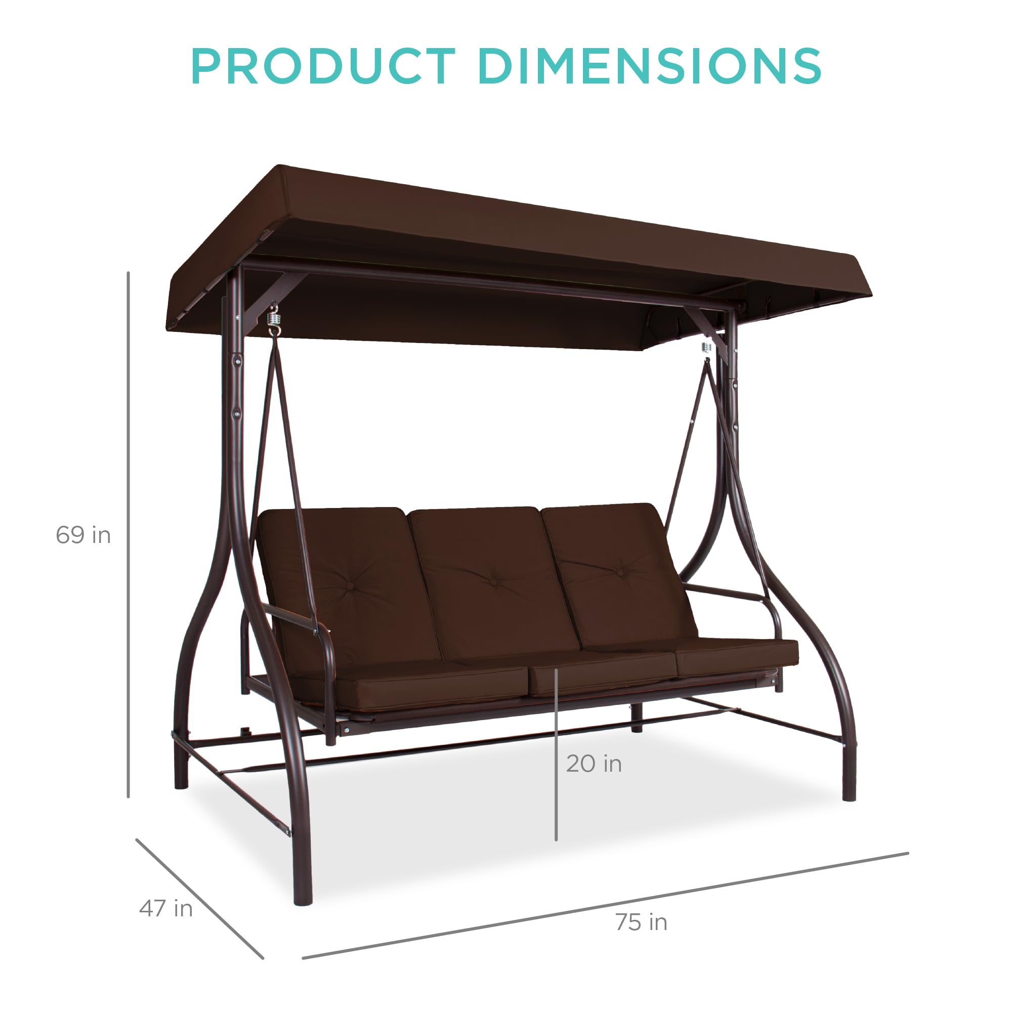 Best Choice Products 3-Seat Outdoor Patio Swing with Canopy - Convertible Glider Bench, Hammock Lounge Chair for Porch, Backyard, Garden w/ Adjustable Shade & Removable Cushions - Perfect for Relaxing, Reading & Outdoor Entertaining - Brown
