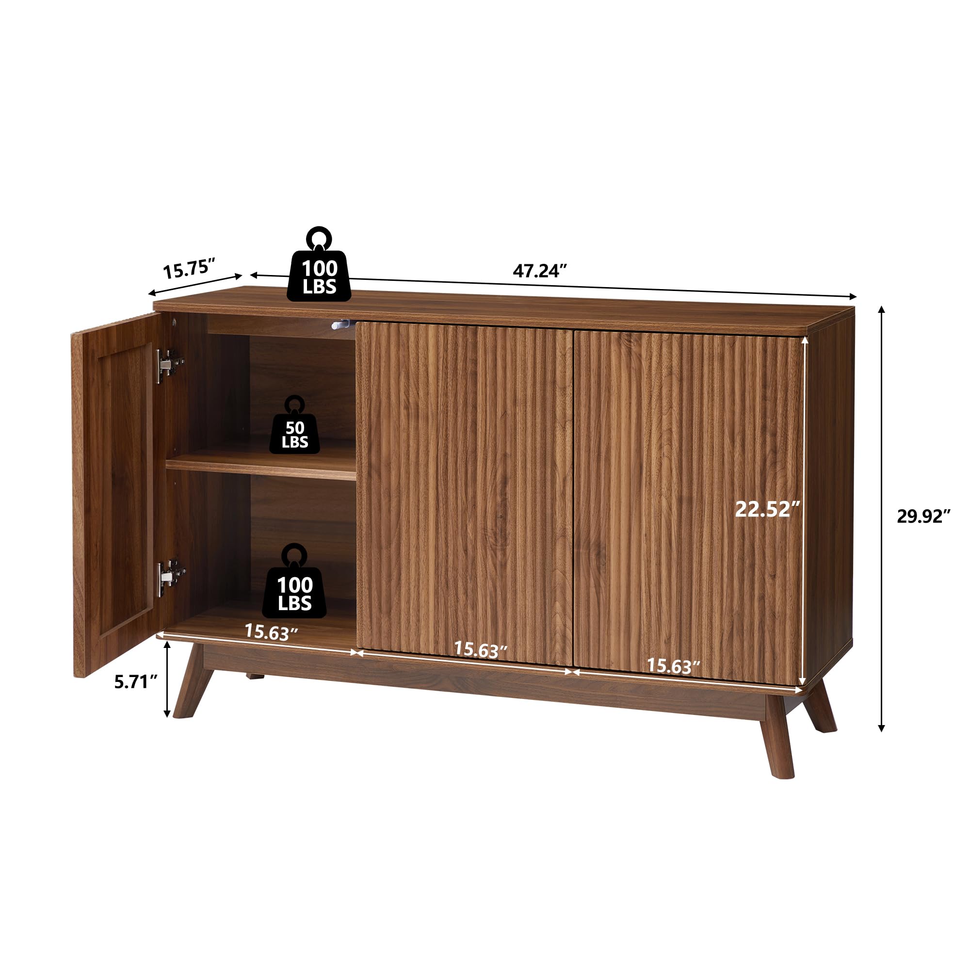 Mid Century Walnut Sideboard Cabinet - Farmhouse Fluted Credenza with 3 Doors, Long Buffet Storage for Kitchen, Dining Room, Living Room & Office | Perfect for TV Stand, Coffee Bar & Entryway Organization