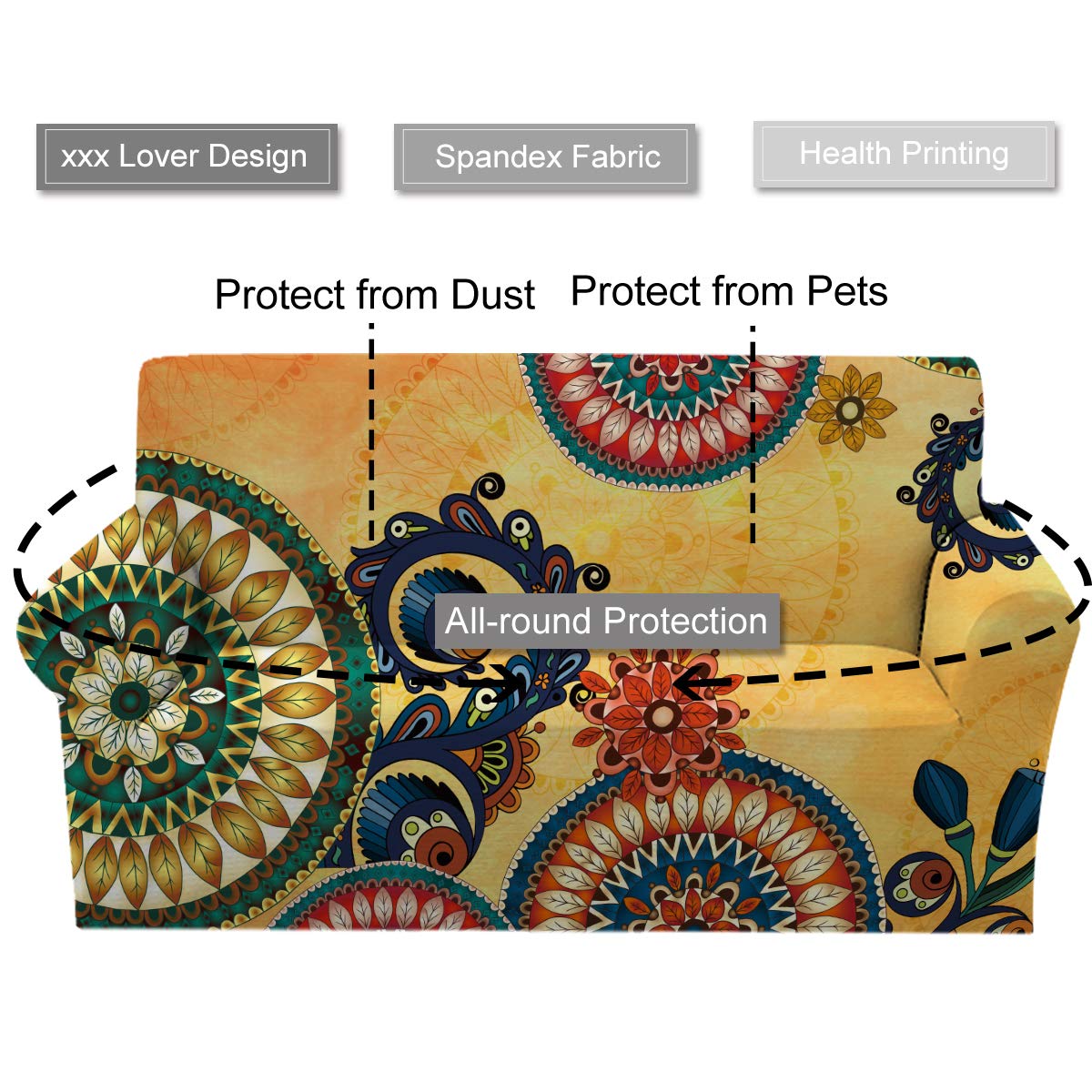 Sleepwish Printed Stretch Sofa Slipcover - 3 Cushion Couch Cover, Loveseat & Armchair Protector | Retro Mandala Design with 2 Free Pillow Covers | Perfect for Living Room, Apartment & Home Decor