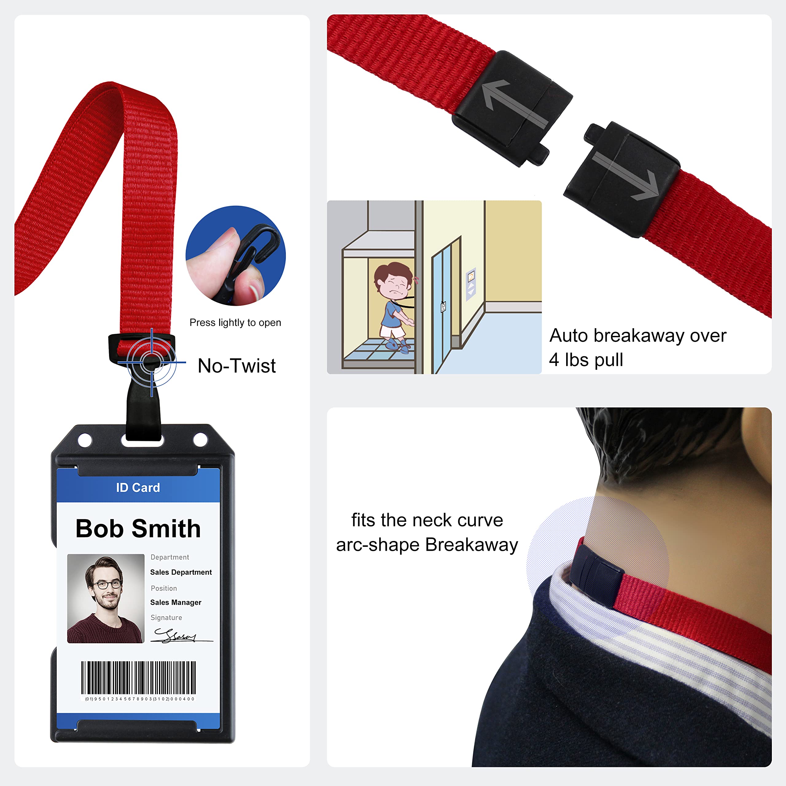 Breakaway Lanyards for ID Badges - No-Twist Plastic Hook for School & Hospital Use