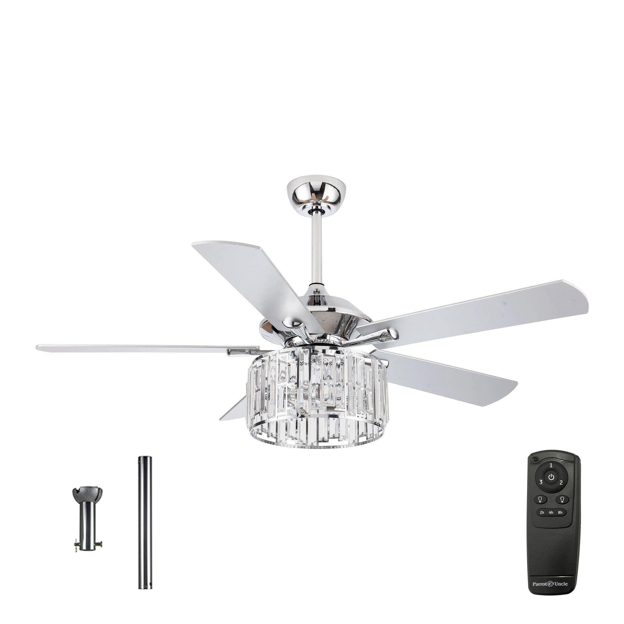 52 Inch Silver Ceiling Fan with Lights and Remote - Crystal Chandelier Style for Bedroom & Outdoor Use - Perfect for Patios, Covered Porches, and Living Rooms