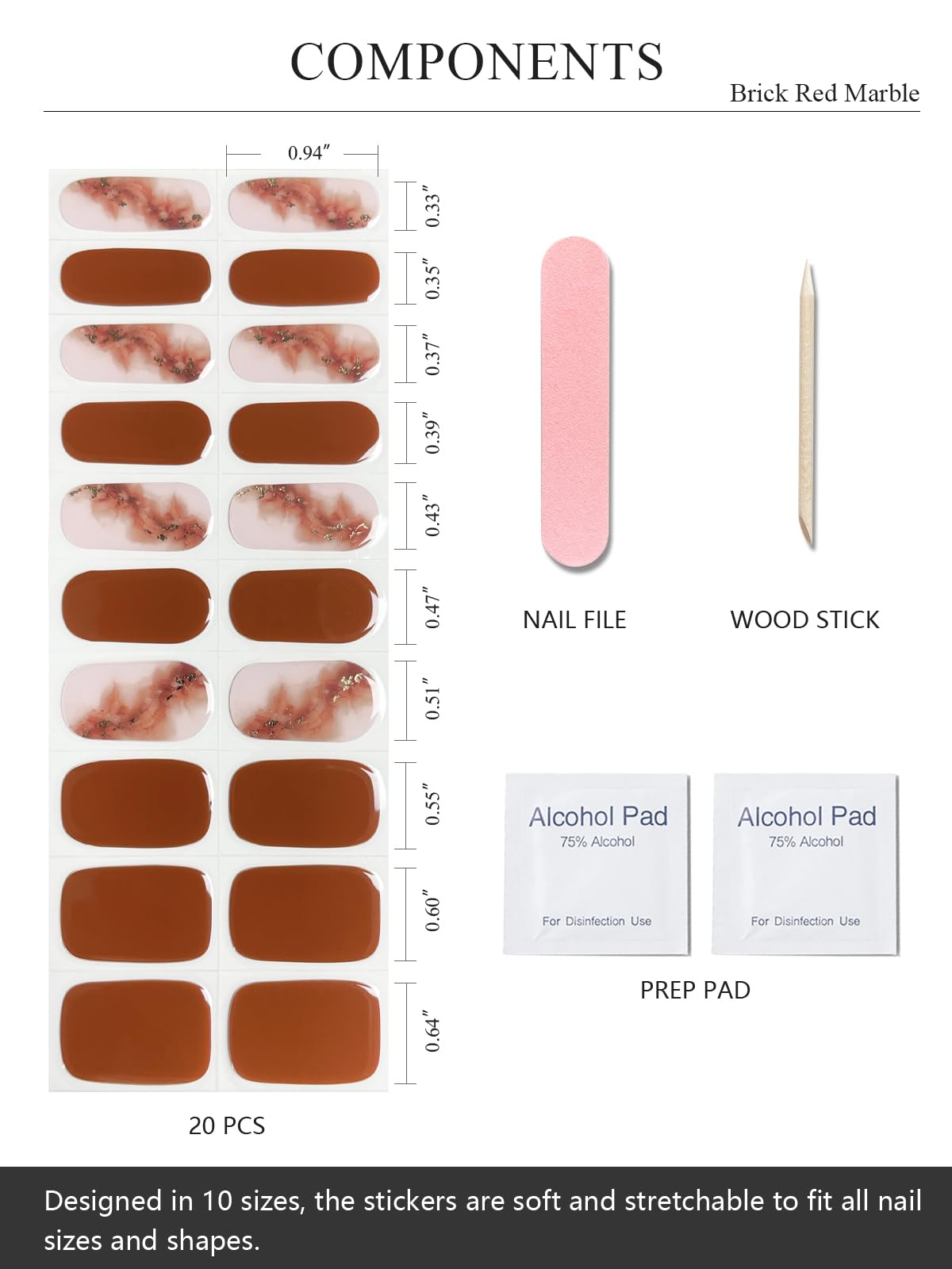 Semi Cured Gel Nail Strips - Brick Red Marble & Brown, 20PCS Salon Quality Gel Nail Wraps with UV Light, Long Lasting DIY Nail Art Stickers for Home Manicure & Professional Salon Use