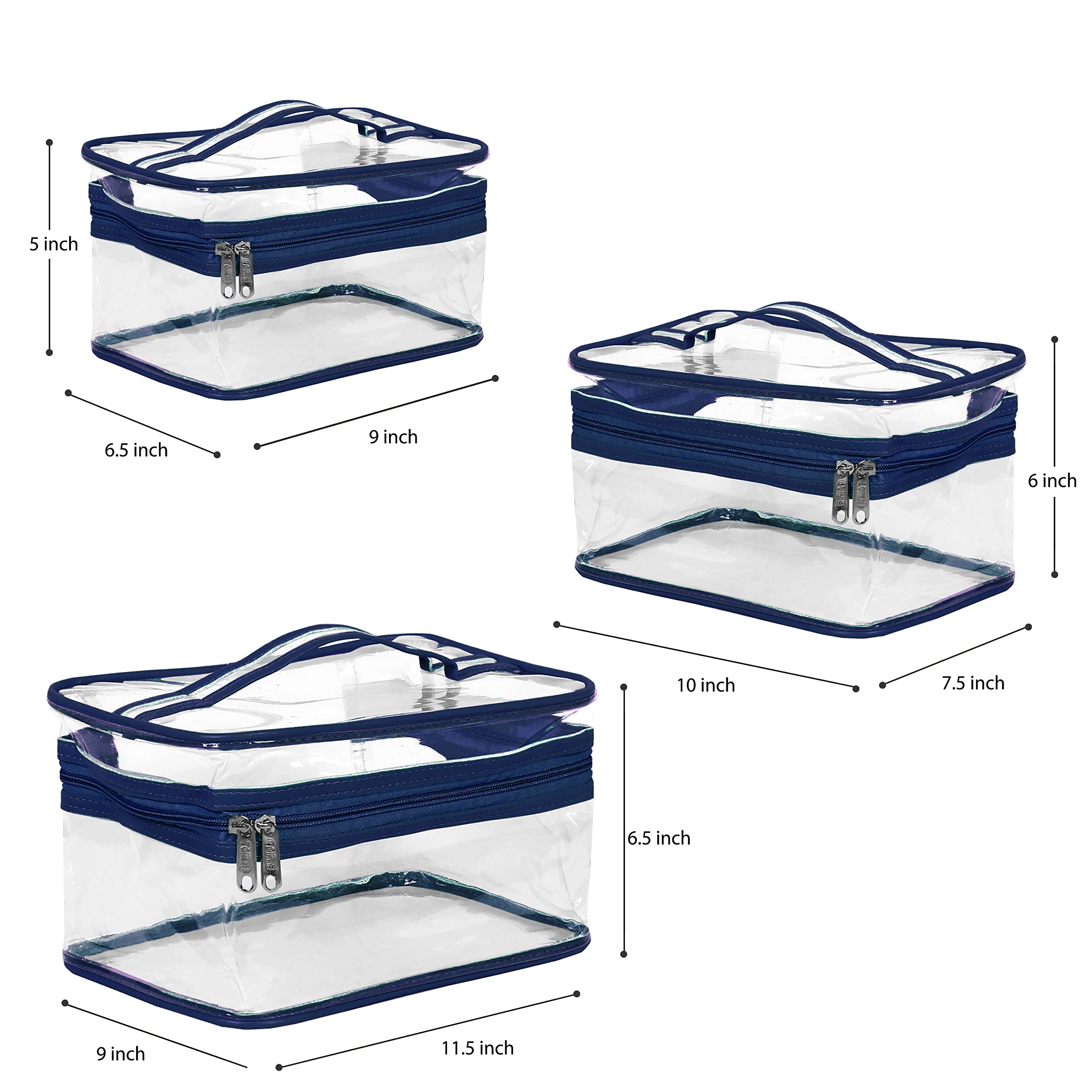 Lwvax Large Clear Toiletry Bag Set of 3 - Waterproof Travel Makeup Organizer with Zipper, Transparent Cosmetic Storage Pouch for Women & Men - Perfect for Airplane Carry-on, Gym, Beach Trips & Vacation Essentials (Blue)