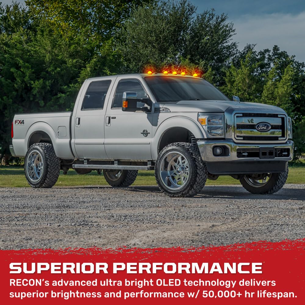 RECON 5-Piece Clear Lens Amber LED Cab Lights Kit for 1999-2016 Ford Super Duty F250 F350 F450 F550 Trucks (Non-Factory Cab Light Models) - Upgrade Your Truck's Visibility & Style for Night Driving and Off-Road Adventures