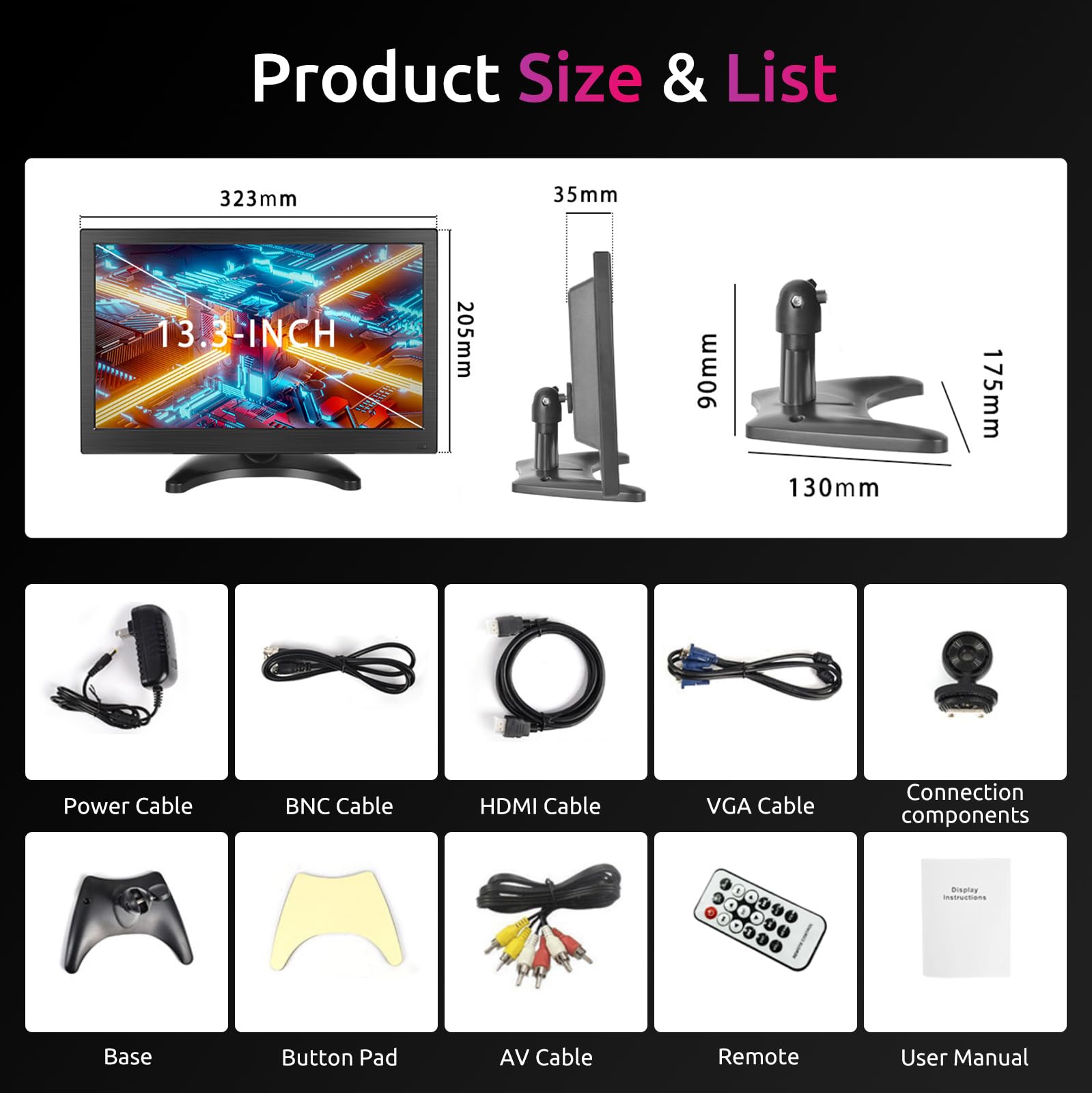 13.3 Inch IPS Portable Monitor Full HD 1080P with HDMI/VGA/AV/BNC/USB Inputs - Ideal for Laptop, Gaming, Surveillance & Rear Camera Use - 12-24V Power Supply
