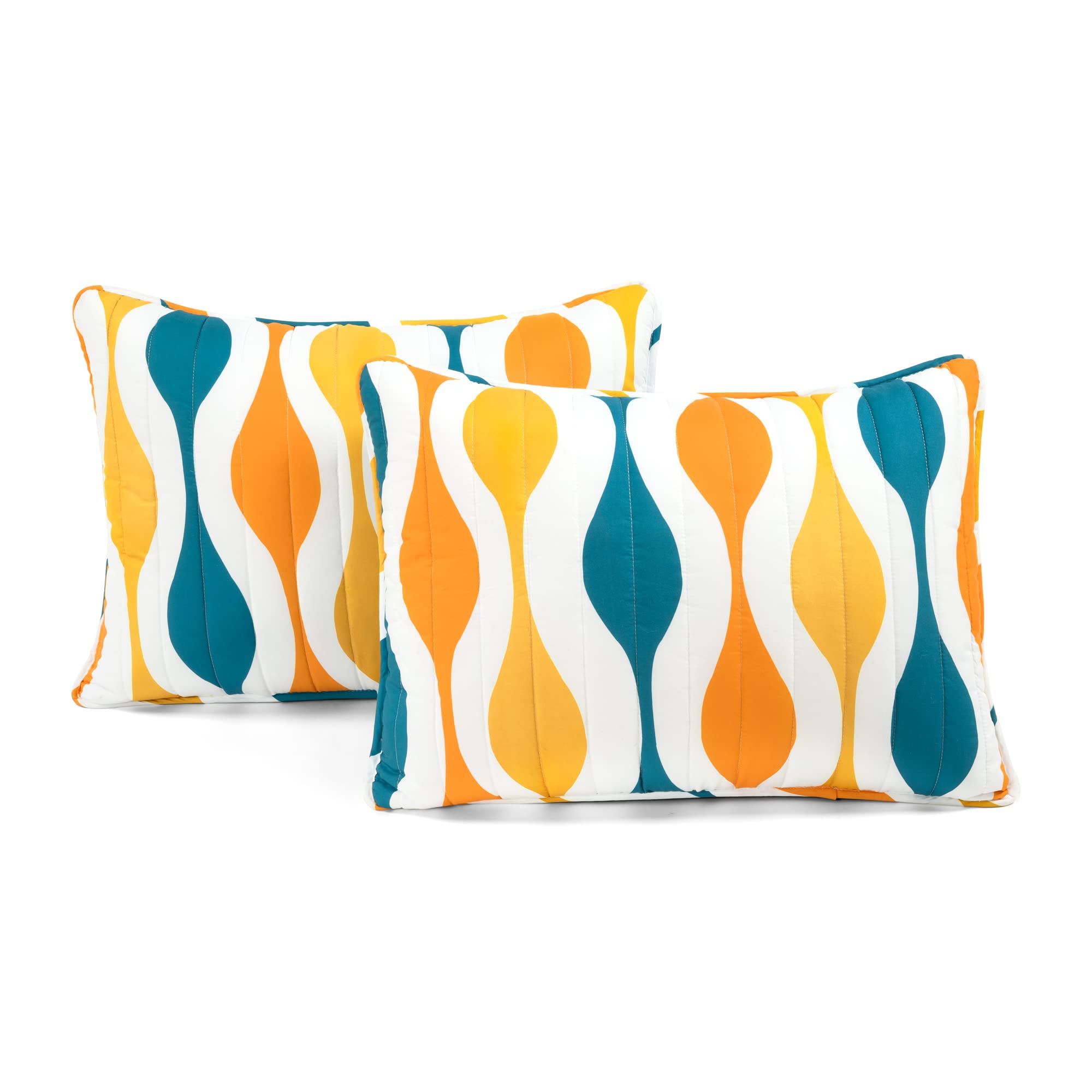Mid Century Geo Quilt Set - Full/Queen, Turquoise & Orange for Modern Bedroom