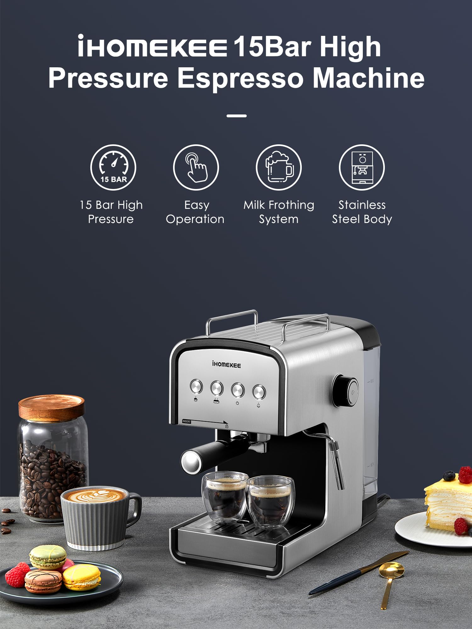 15 Bar Espresso Machine with Milk Frother - CM6822 Fast Heating Coffee Maker for Cappuccino & Latte, Removable Water Tank - Perfect for Home & Office Coffee Breaks
