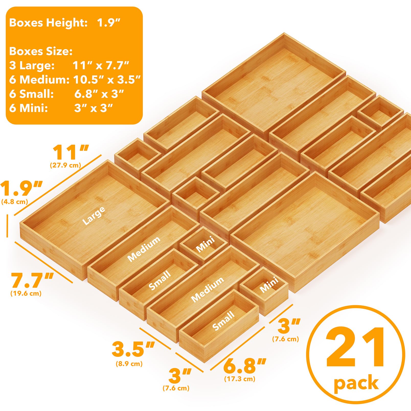SpaceAid 21-Piece Bamboo Drawer Organizer Set - Wooden Storage Trays & Dividers for Kitchen, Bathroom, Office & Makeup Organization - Natural Bamboo Drawer Organizers (21 Pack) - Perfect for Decluttering Drawers, Organizing Utensils & Storing Small Items
