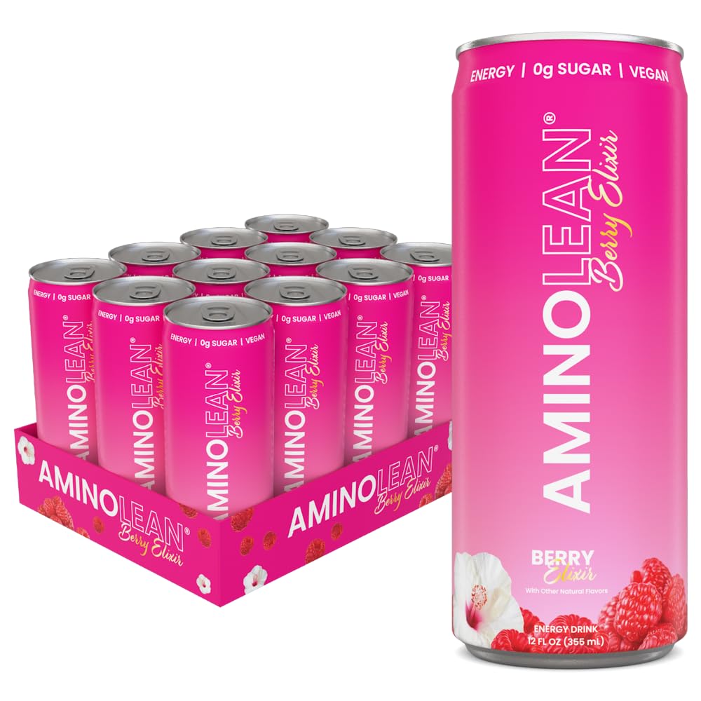 RSP NUTRITION AminoLean Sugar Free Energy Drink - Vegan Amino Acids, No Jitters or Crash, Berry Flavor, 12 Pack - Pre-Workout Boost & Post-Workout Recovery
