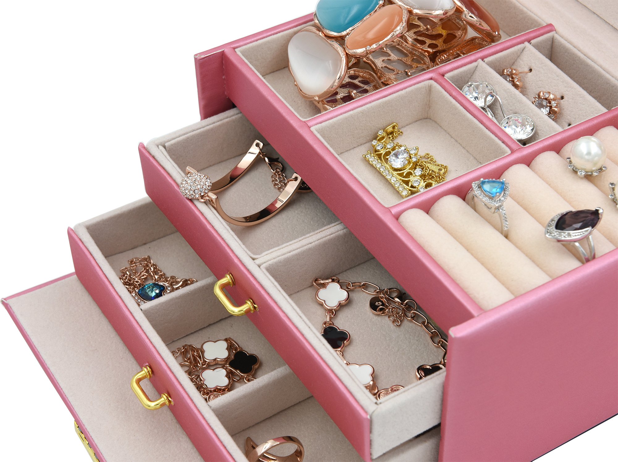 Goldwheat 3-Layer Jewelry Organizer Box with Lock - Portable Travel Jewelry Storage Case for Necklaces, Earrings, Rings & Bracelets | Perfect for Women's Jewelry Organization at Home, Travel & Gifts