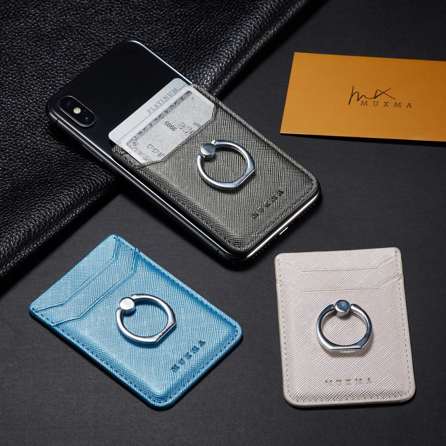 Phone Card Holder with Ring Grip - Adhesive Stick-on Credit Card Wallet Pocket for iPhone, Android & Smartphones (Gun Metal) | Perfect for Hands-Free Shopping, Travel & Daily Essentials