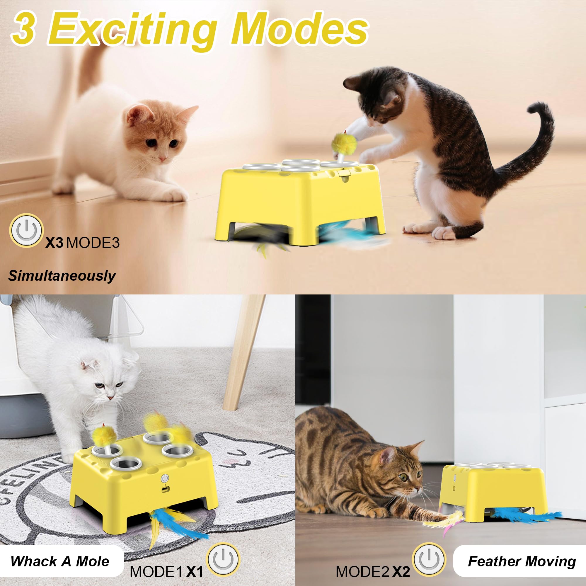 Interactive Cat Toys - 2-in-1 Automatic Cat Toy with Moving Feather & 4 Holes Mice Whack A Mole Game | USB Rechargeable Electronic Kitten Toys for Indoor Play & Exercise | Fun Yellow Cat Toy for Kittens & Adult Cats