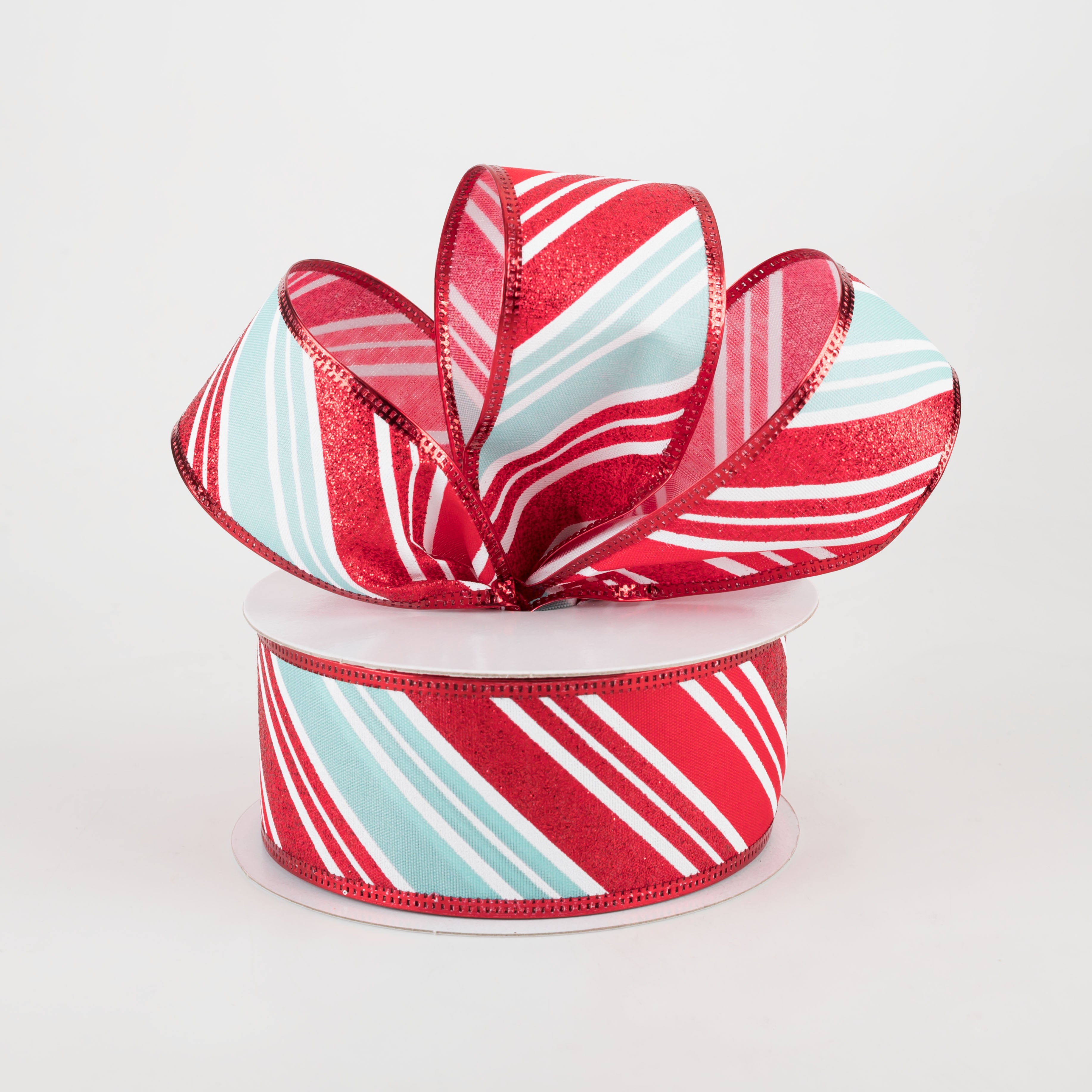 1.5 Inch Glitter Candy Cane Stripe Ribbon - Red, Aqua, White (10 Yards) for Christmas Gift Wrapping, Holiday Decorations & DIY Crafts