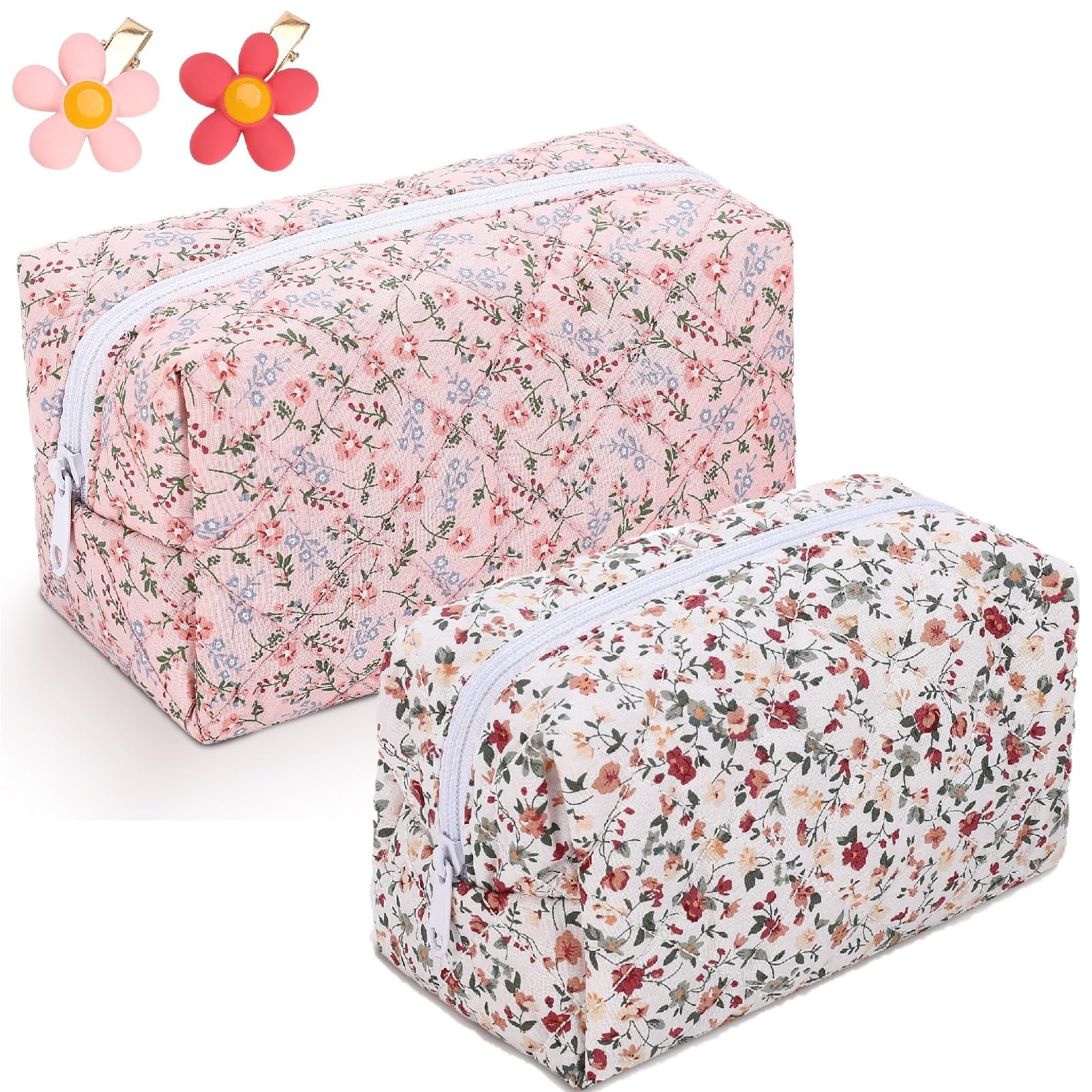 2 Pack Floral Makeup Bags for Women - Large Quilted Cotton Cosmetic Organizer with Zipper, Cute Fashionable Travel Toiletry Pouch & Free Floral Hair Clip - Perfect for Travel, Gym, and Daily Makeup Storage