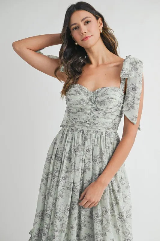 Floral Print Ruched Midi Summer Dress with Shoulder Tie - Women's Elegant Party & Beach Vacation Outfit