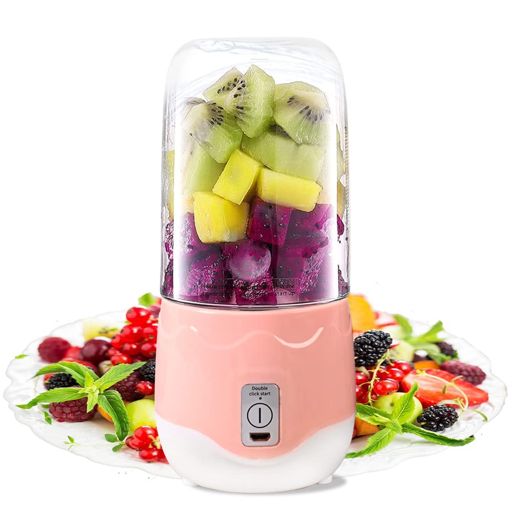 Portable Mini Juicer Cup Blender - USB Rechargeable Personal Smoothie Maker for Fruits, Vegetables, Shakes - Strong 300W Motor - Compact Travel Size (18x8.5cm, Pink) - Perfect for Gym, Office, Camping & Outdoor Activities