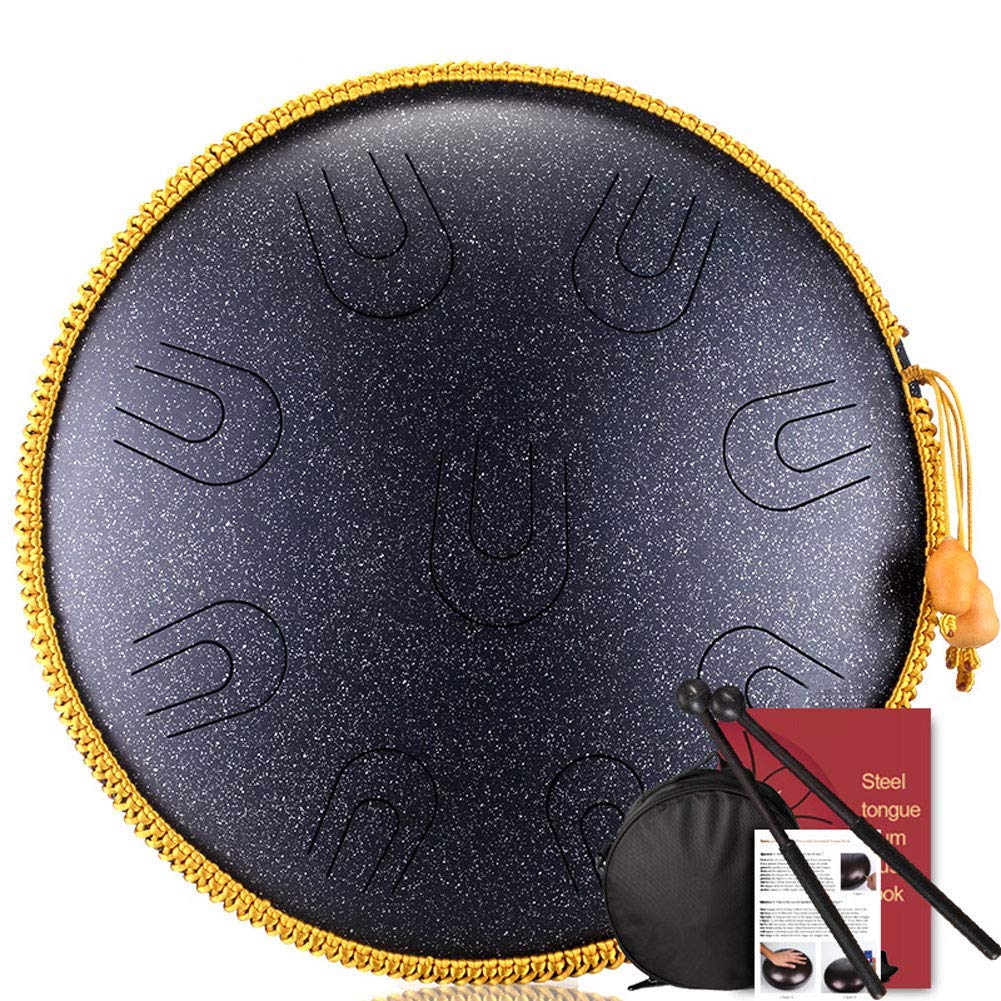 LYRR 14-Inch Steel Tongue Drum - 9-Note Handpan Percussion Instrument with Lotus Design, Includes Rubber Mallets & Travel Bag (Black) - Perfect for Meditation, Music Therapy, Yoga, and Outdoor Performances