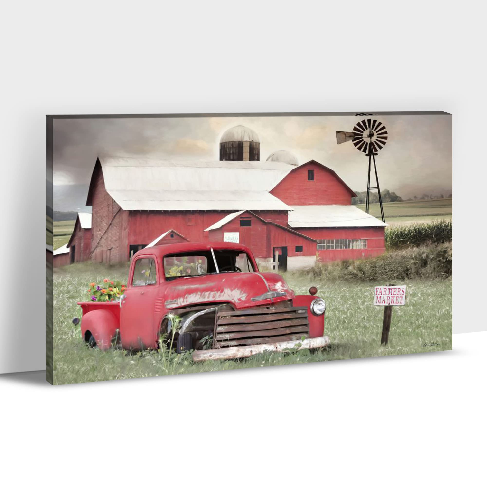 Farmhouse Wall Decor Art - Rustic Barn Windmill Canvas Print, Modern Country Room Decor, Red Barn & Truck Picture for Living Room & Kitchen - 32x48 Inches - Perfect for Farmhouse, Cottage & Rustic Home Decor