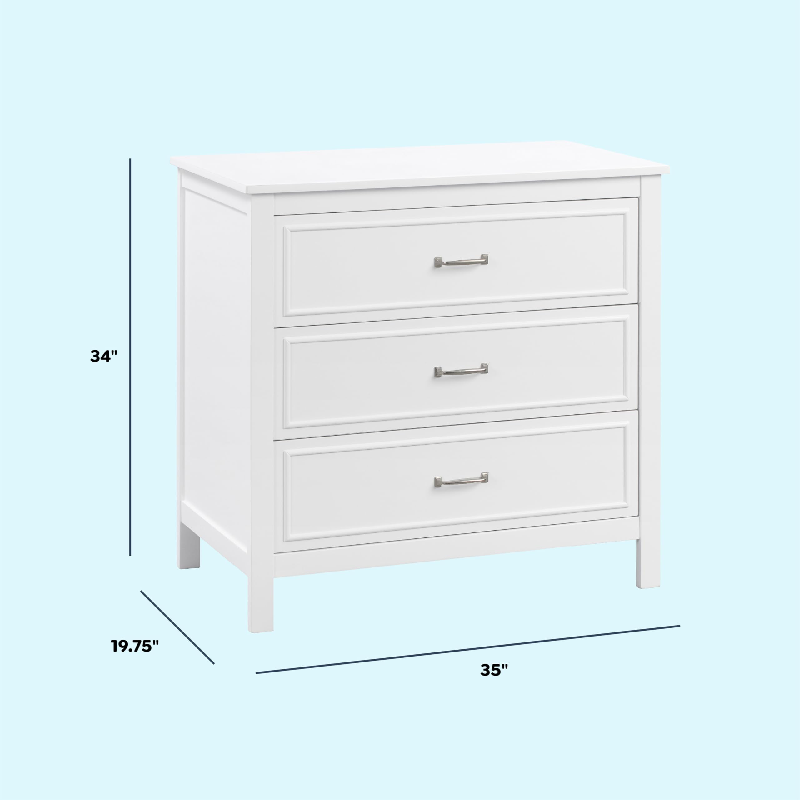 DaVinci Charlie 3-Drawer White Dresser - 35x20x34 Inch Solid Wood Baby Nursery Furniture for Bedroom Storage & Organization (Pack of 1)