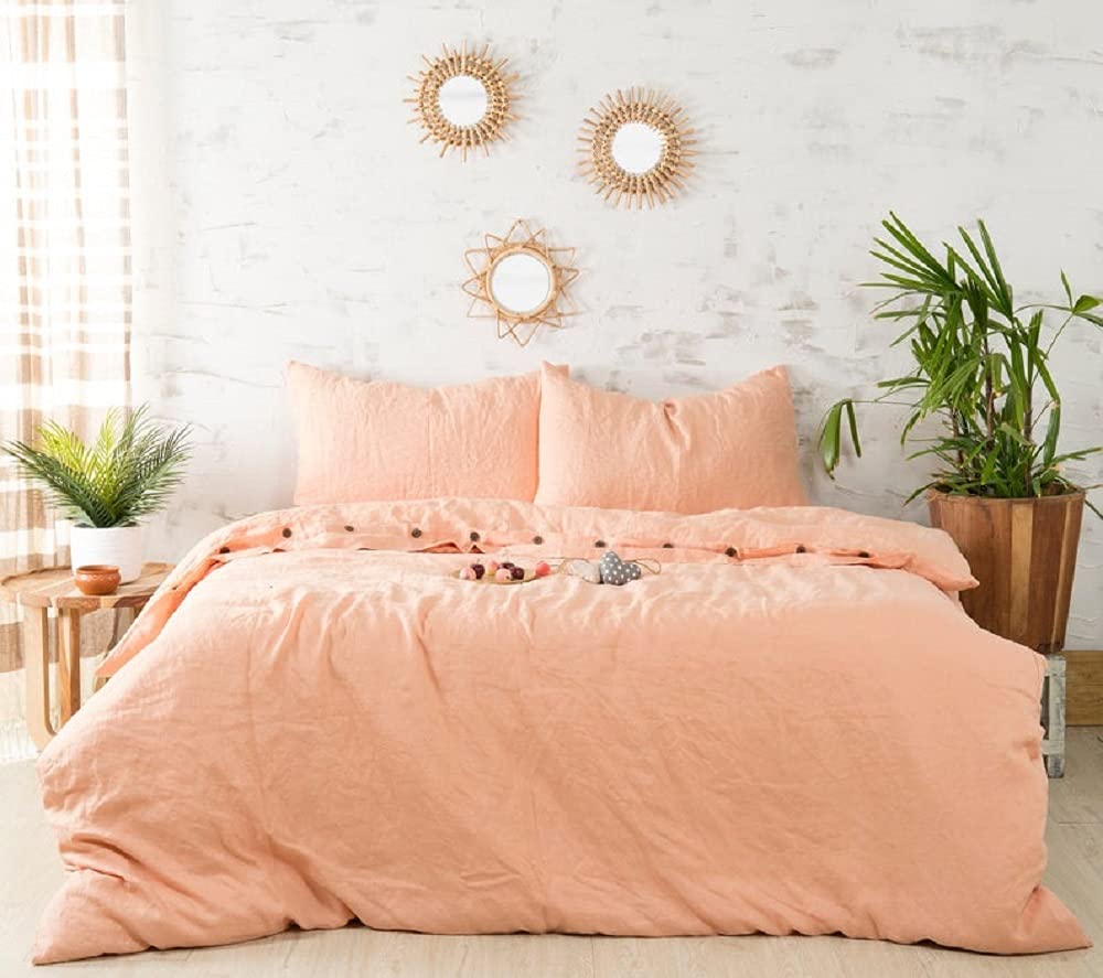 Peach Stonewashed Cotton Duvet Cover with Coconut Buttons - Queen Size Soft Bedding Set for Adults & Kids - Perfect for Cozy Bedrooms, Guest Rooms & Nursery Decor
